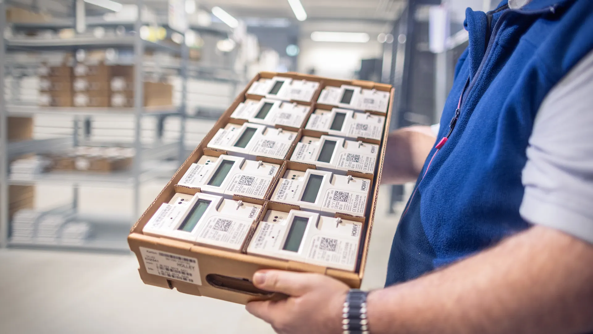 Eine Box mit steuerbaren Verbrauchseinrichtungen in einem Lager. Eine Installateur hält eine Box mit mehreren steuerbaren Verbrauchseinrichtungen.