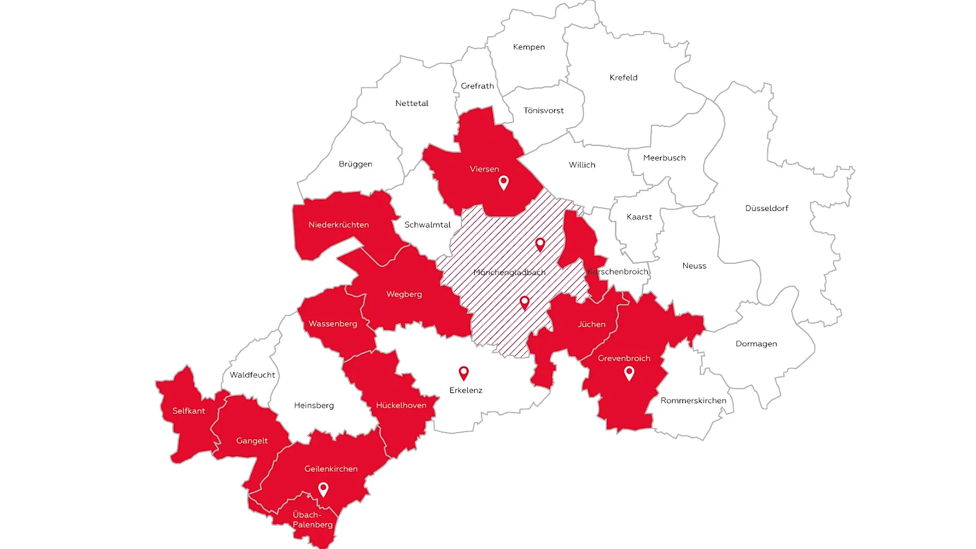 Abdeckung des Straßenbeleuchtungsnetzes der NEW Netz Die Netzkarte zeigt das Straßenbeleuchtungsnetz der NEW. Es umfasst die Gemeinden Selfkant, Gangelt, Geilenkrichen, Übach-Palenberg, Hückelhoven, Wassenberg, Wegberg, Niederkrüchten, Viersen, Mönchengladbach, Jüchen, Grevenbroich sowie kleinere Teile der Städte Mönchengladbach, Korschenbroich und Erkelenz. Die einzelnen Versorgungsbereiche sind farblich voneinander abgegrenzt.