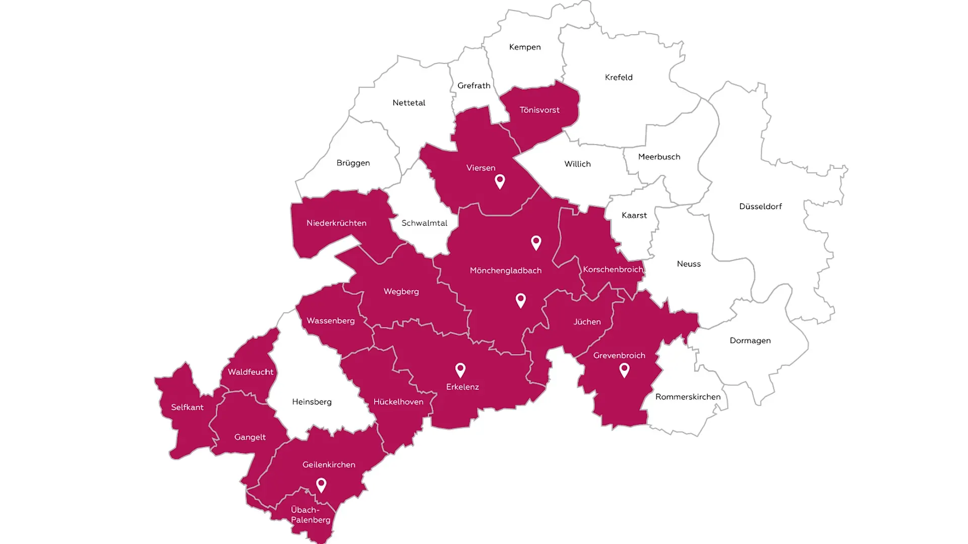 Abdeckung des Stromnetzes der NEW Netz Die Netzkarte zeigt das Stromnetz der NEW Netz. Es umfasst die Gemeinden Selfkant, Gangelt, Waldfeucht, Geilenkirchen, Übach-Palenberg, Hückelhoven, Wassenberg, Wegberg, Niederkrüchten, Erkelenz, Tönisvorst, Viersen, Mönchengladbach, Grevenbroich, Jüchen und Korschenbroich. Die einzelnen Versorgungsbereiche sind farblich voneinander abgegrenzt.