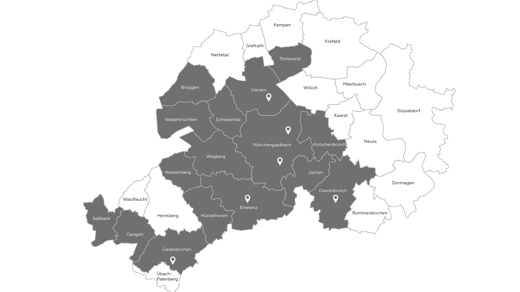 Die Netzkarte zeigt das Gasnetz der NEW. Es umfasst die Gemeinden Selfkant, Gangelt, Geilenkirchen, Hückelhoven, Wassenberg, Wegberg ,Niederkrüchten, Brüggen, Schwalmtal, Tönisvorst, Viersen, Mönchengladbach, Erkelenz, Grevenbroich, Jüchen und Korschenbroich. Die einzelnen Versorgungsbereiche sind farblich voneinander abgegrenzt.