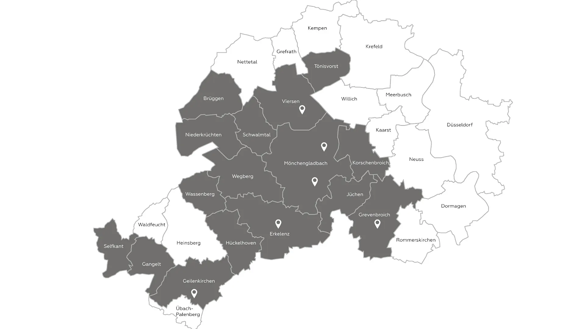 Abdeckung des Gasnetzes der NEW Netz Die Netzkarte zeigt das Gasnetz der NEW. Es umfasst die Gemeinden Selfkant, Gangelt, Geilenkirchen, Hückelhoven, Wassenberg, Wegberg ,Niederkrüchten, Brüggen, Schwalmtal, Tönisvorst, Viersen, Mönchengladbach, Erkelenz, Grevenbroich, Jüchen und Korschenbroich. Die einzelnen Versorgungsbereiche sind farblich voneinander abgegrenzt.