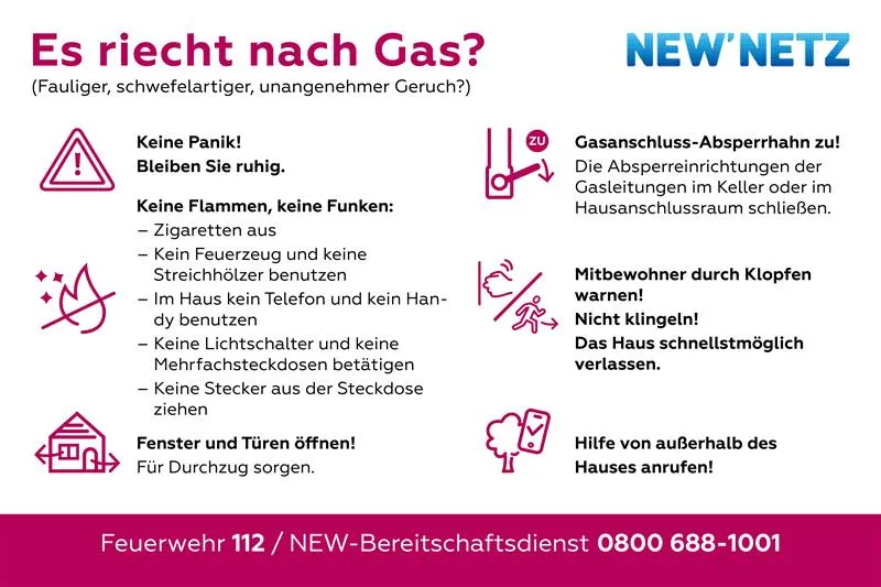 Hinweisgrafik bei Gasgeruch – Verhalten im Notfall Verhaltenstipps bei Gasgeruch: Keine Flammen, Fenster und Türen öffnen, Gashahn schließen, Nachbarn warnen , Haus verlassen, Feuerwehr oder Bereitschaftsdienst von draußen anrufen.