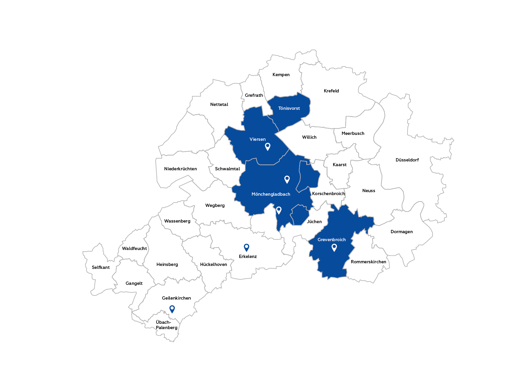 Die Netzkarte zeigt das Trinkwasserversorgungsgebiet der NEW Netz GmbH. Es umfasst die Städte Tönisvorst, Viersen, Mönchengladbach, Grevenbroich sowie kleinere Teile der Gemeinden Jüchen und Korschenbroich. Die einzelnen Versorgungsbereiche sind farblich voneinander abgegrenzt.