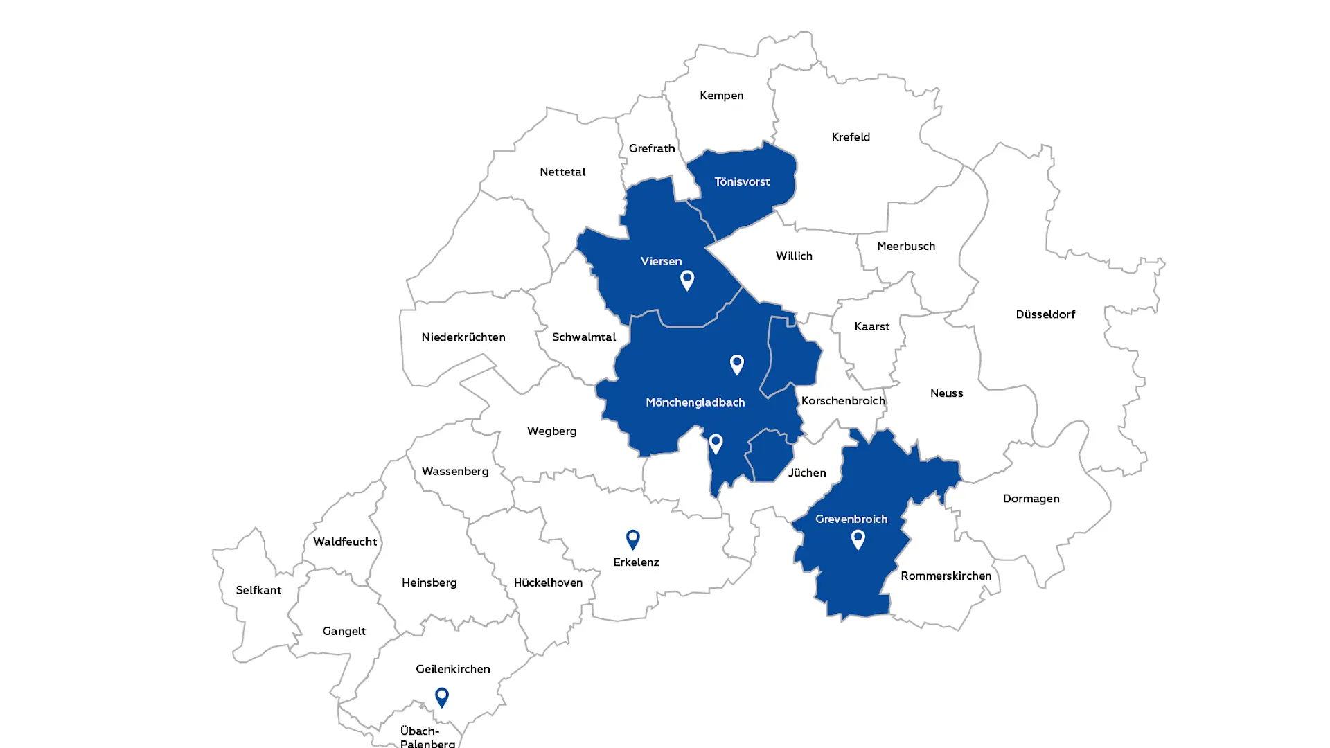 Abdeckung des Trinkwassernetzes Die Netzkarte zeigt das Trinkwasserversorgungsgebiet der NEW Netz GmbH. Es umfasst die Städte Tönisvorst, Viersen, Mönchengladbach, Grevenbroich sowie kleinere Teile der Gemeinden Jüchen und Korschenbroich. Die einzelnen Versorgungsbereiche sind farblich voneinander abgegrenzt.