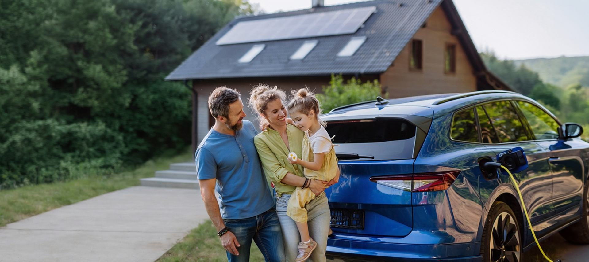 Eine Familie steht an einem Elektroauto was gerade geladen wird. Im Hintergrund ist ein Haus mit einer Photovoltaik-Anlage auf dem Dach zu sehen.
