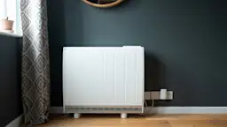 Nachtspeicherheizung im Wohnzimmer Eine Nachtspeicherheizung der NEW Energie steht in einem Wohnzimmer an der Wand.