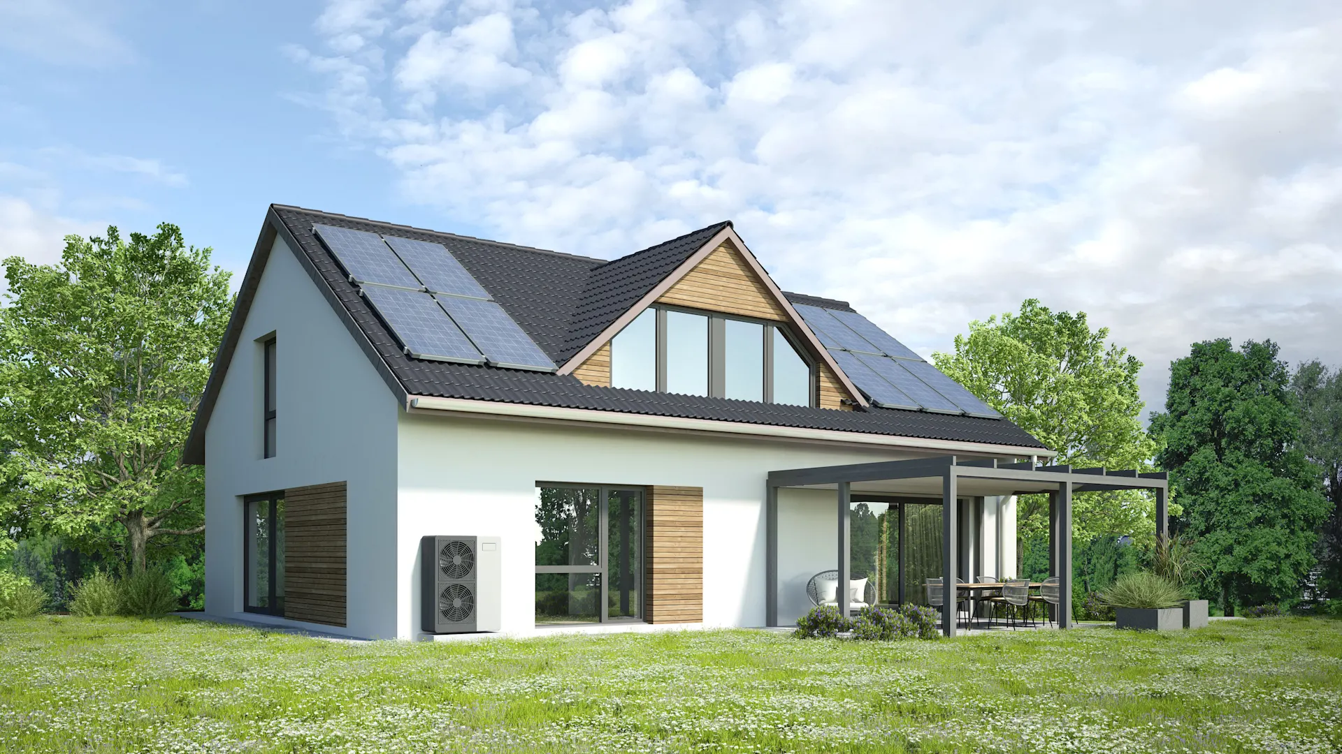 Haus mit PV-Anlage und Wärmepumpe Ein modernes Einfamilienhaus mit PV-Anlage und Wärmepumpe.