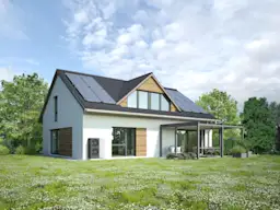 Haus mit PV-Anlage und Wärmepumpe Ein modernes Einfamilienhaus mit PV-Anlage und Wärmepumpe.