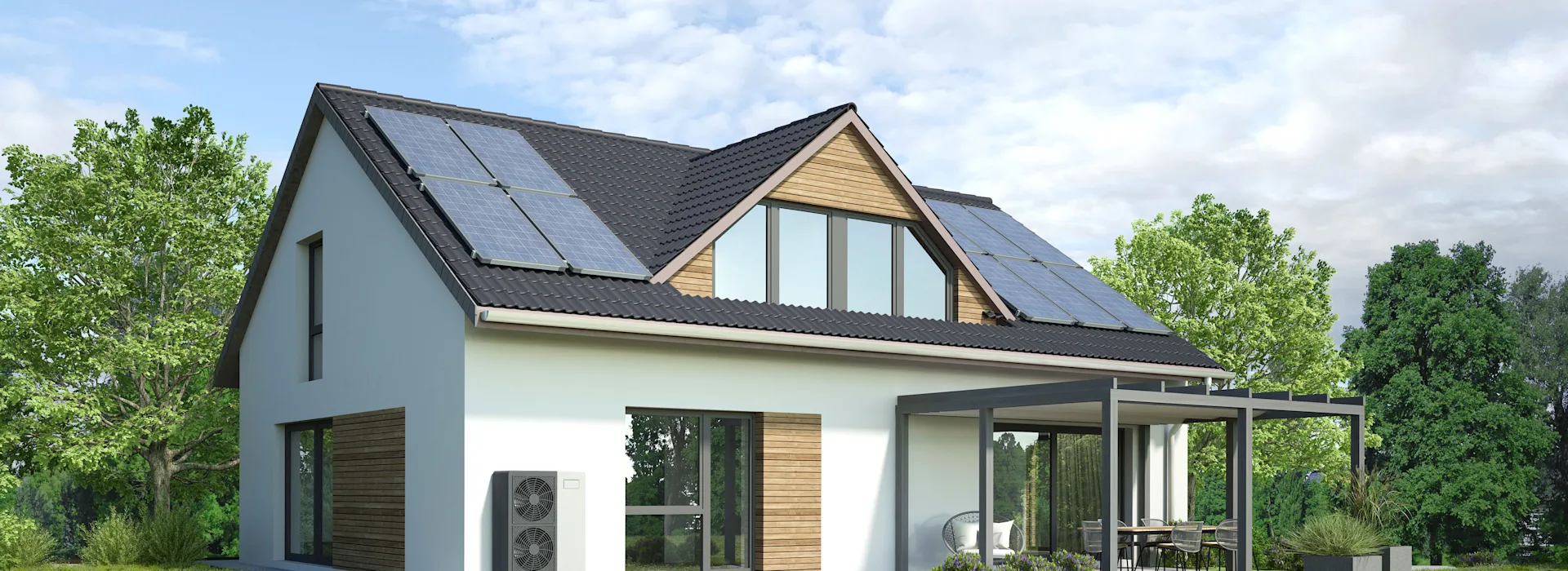 Haus mit PV-Anlage und Wärmepumpe Ein modernes Einfamilienhaus mit PV-Anlage und Wärmepumpe.