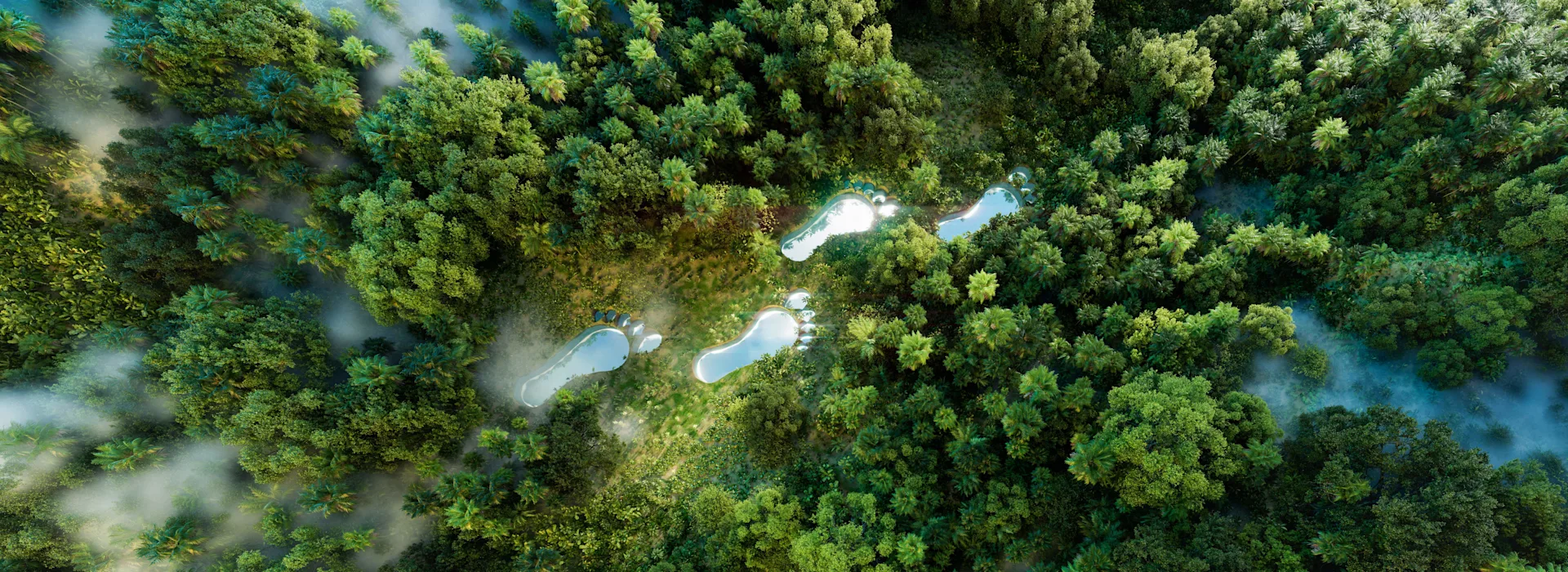 Waldschutz CO2 Kompensation bei NEW Energie Wald im Nebel und angedeuteten CO₂ Fußabdrücken.