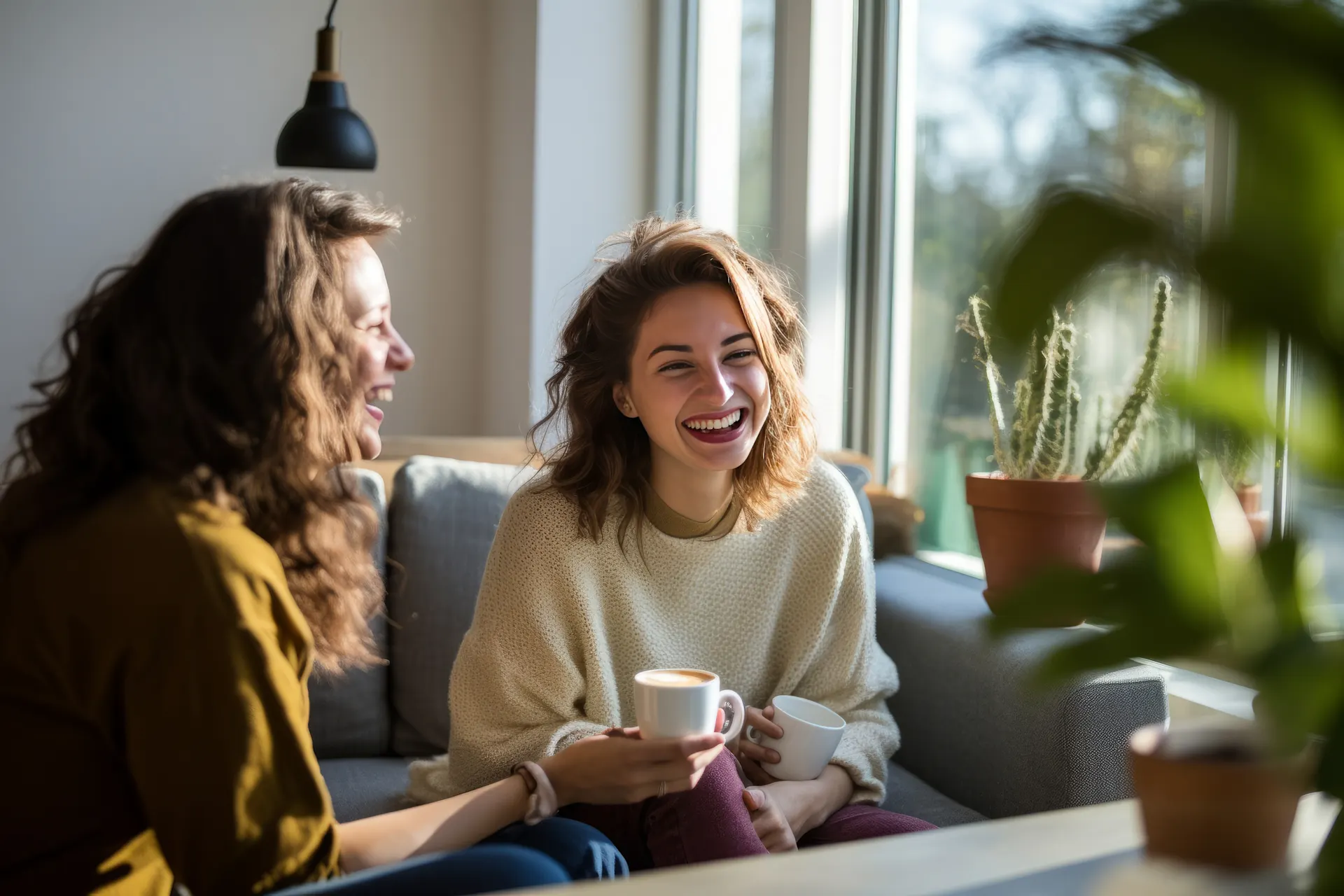 Zwei Freundinnen sitzen gemütlich auf dem Sofa und sprechen über die NEW Energie.
