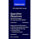 Bewertungssiegel TÜV NORD "Geprüfter Ökostrom". Bewertungssiegel TÜV NORD "Geprüfter Ökostrom".