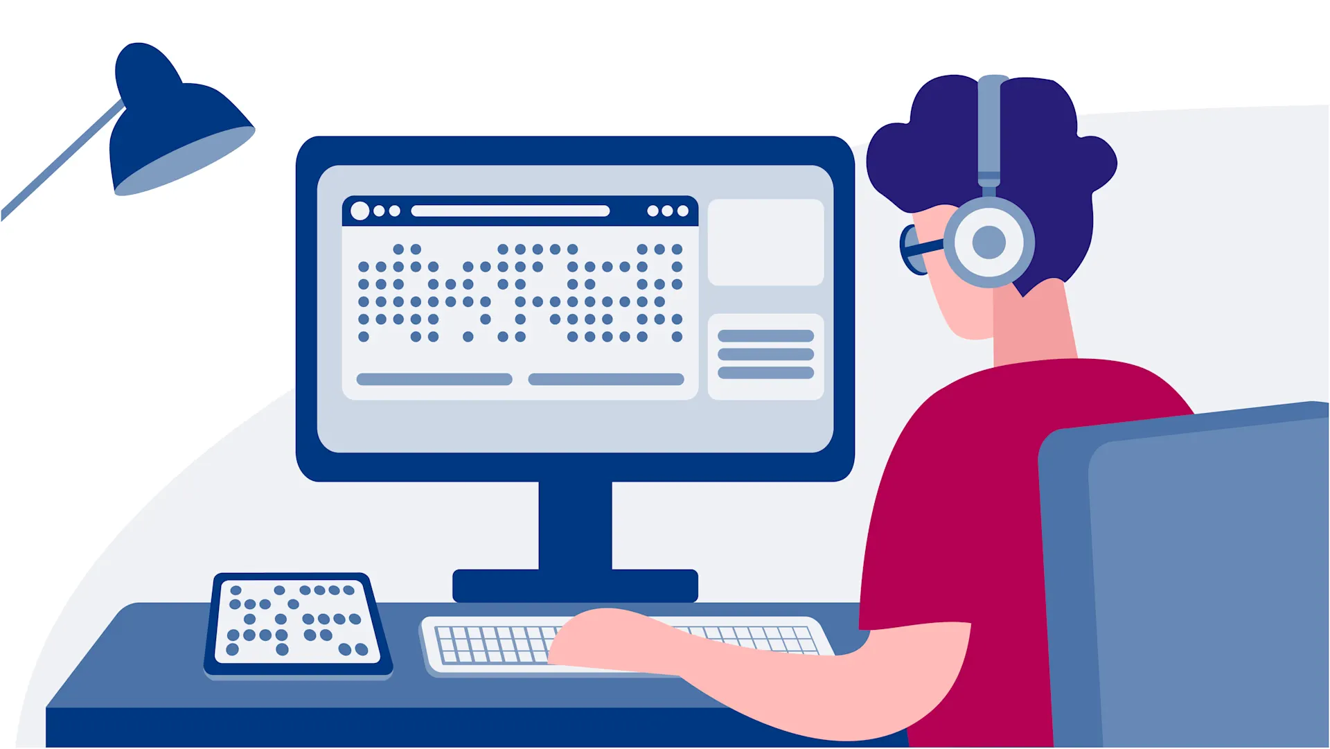 Barrierearme Webseite der KlickEnergie. Ein blinder Mann sitzt vor einem Bildschirm.