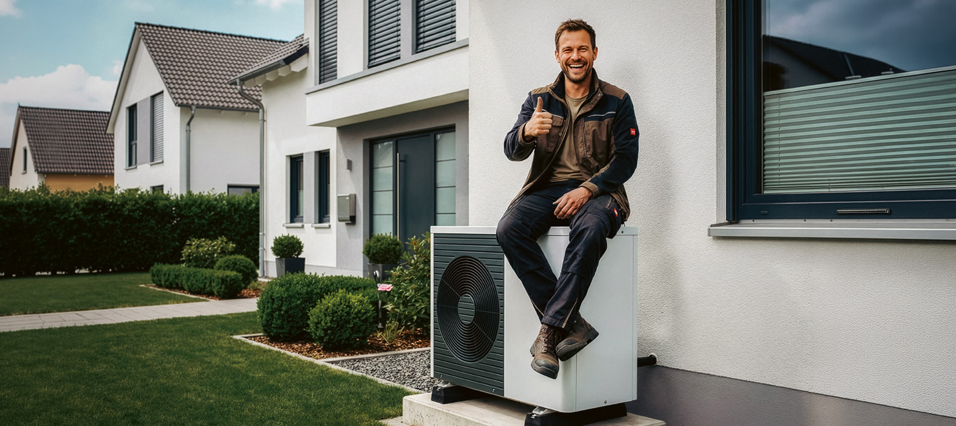 Ein Mann sitzt nach erfolgreicher Installation auf einer Wärmepumpe von der NEW Energie.