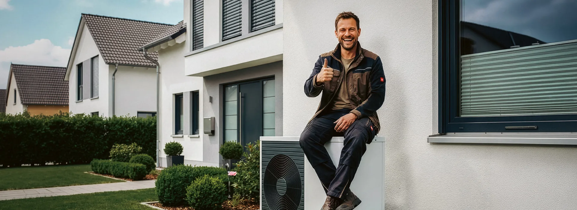 Wärmepumpe bei der NEW Energie Ein Mann sitzt nach erfolgreicher Installation auf einer Wärmepumpe von der NEW Energie.