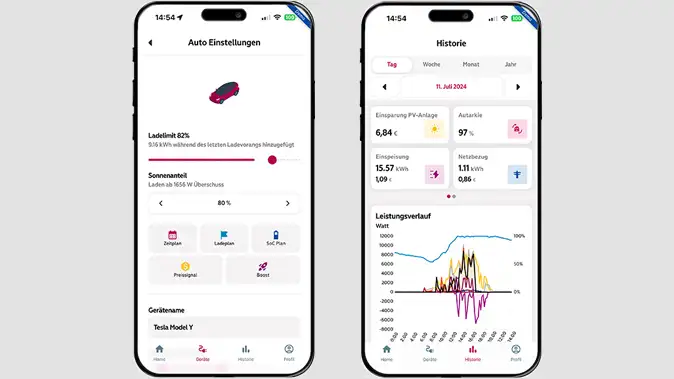 Darstellung NEW eManager-App: Ladeeinstellung und Historie.