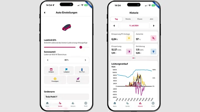 Darstellung NEW eManager-App: Ladeeinstellung und Historie.