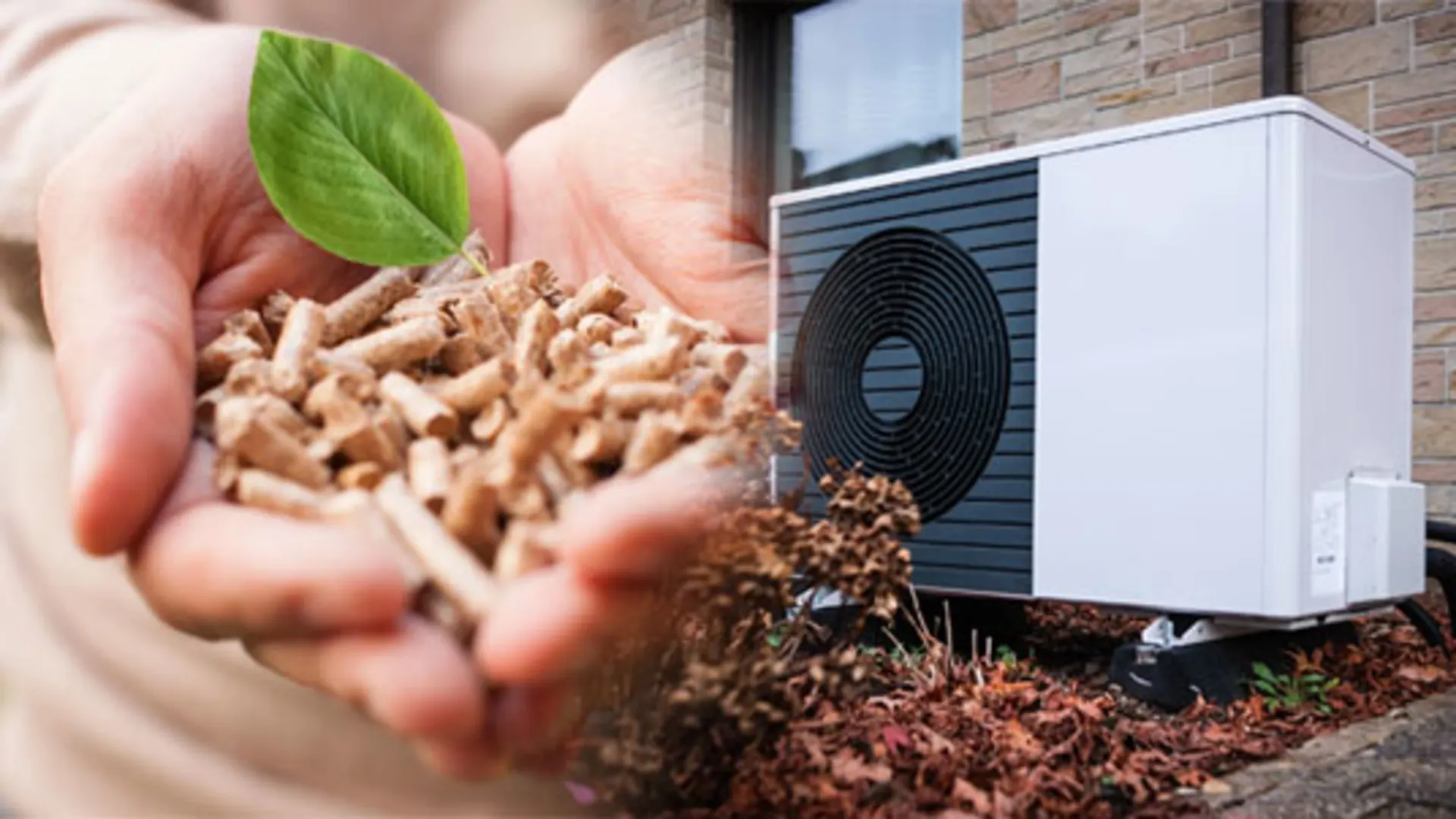 Hybrid-Wärmepumpe Hybrid-Wärmepumpe vor dem Haus mit einer Hand die Pallets hält.