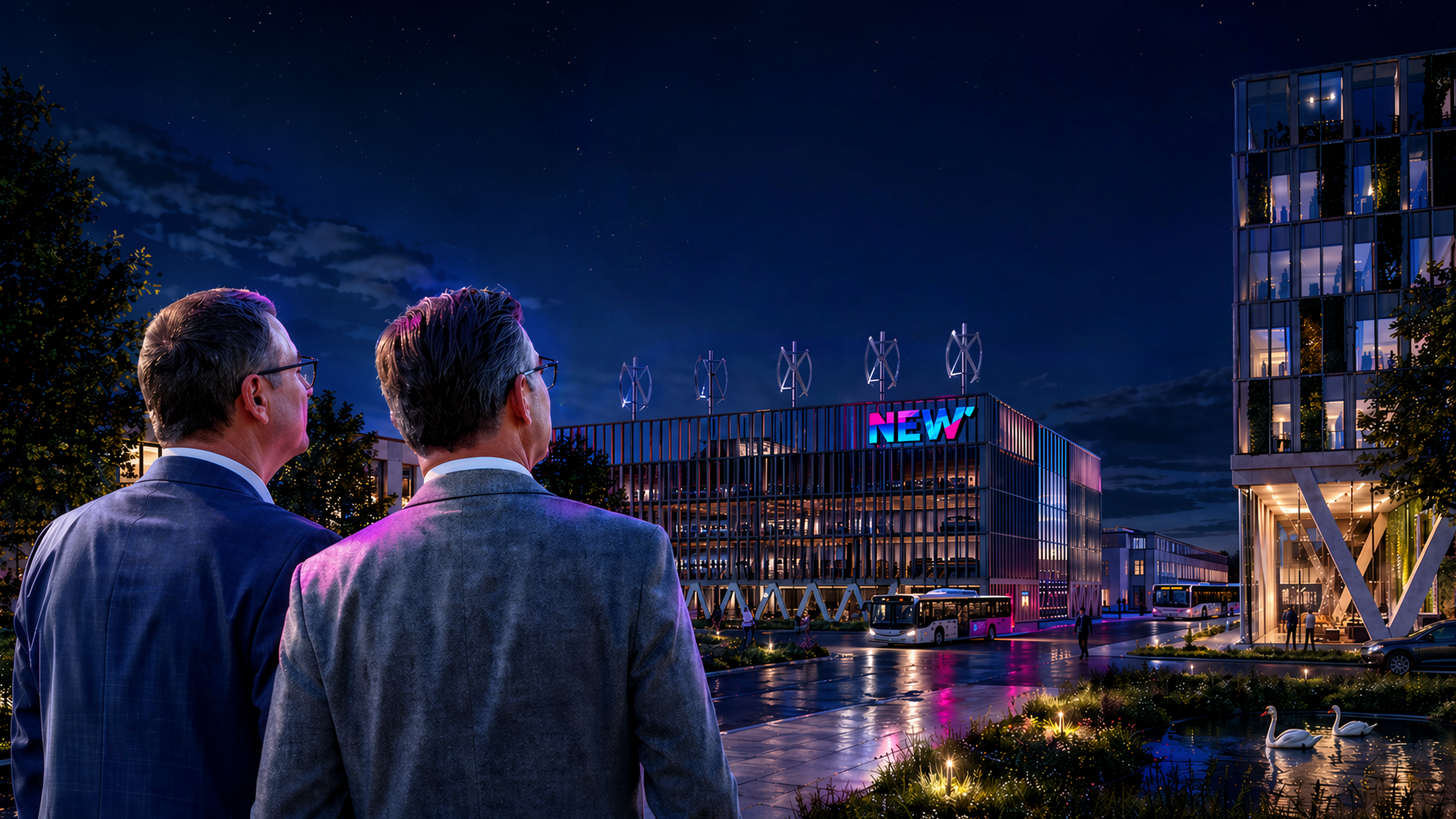 Die Visualisierung zeigt das Projekt: "NEW e‑motion hub" bei Nacht: ein modern beleuchtetes Gebäude mit prominentem NEW‑Logo, eingebettet in eine urbane Umgebung mit zeitgemäßer Architektur. Im Vordergrund blicken zwei Personen auf den Gebäudekomplex, der für Innovation, nachhaltige Mobilität und zukunftsorientierte Energieprojekte steht. Die nächtliche Lichtstimmung unterstreicht den Anspruch von NEW, Technik, Stadtentwicklung und Lebensqualität miteinander zu verbinden.