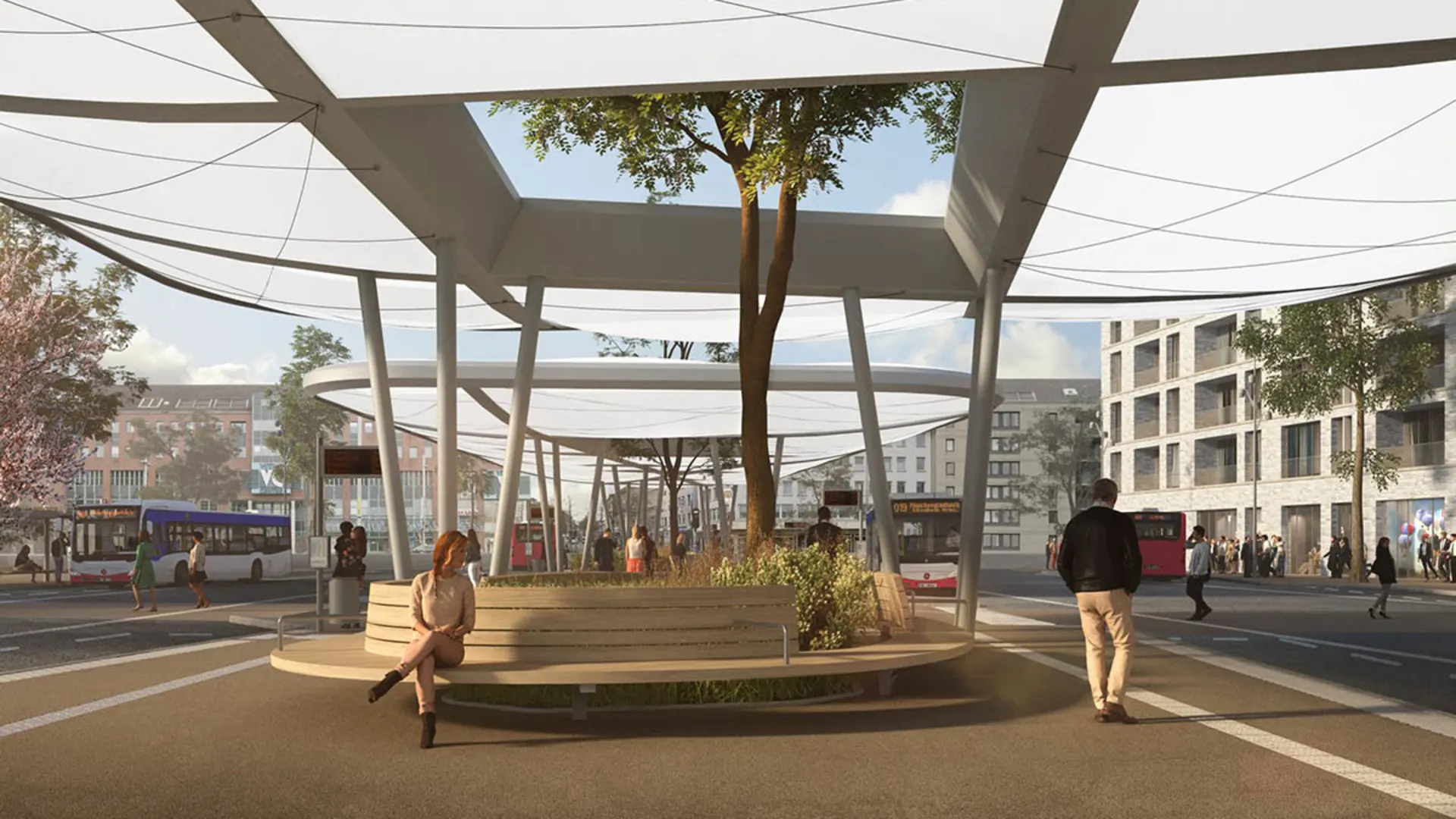 Visualisierung Ansicht unter der Dachkonstruktion Visualisierung Mittelinsel