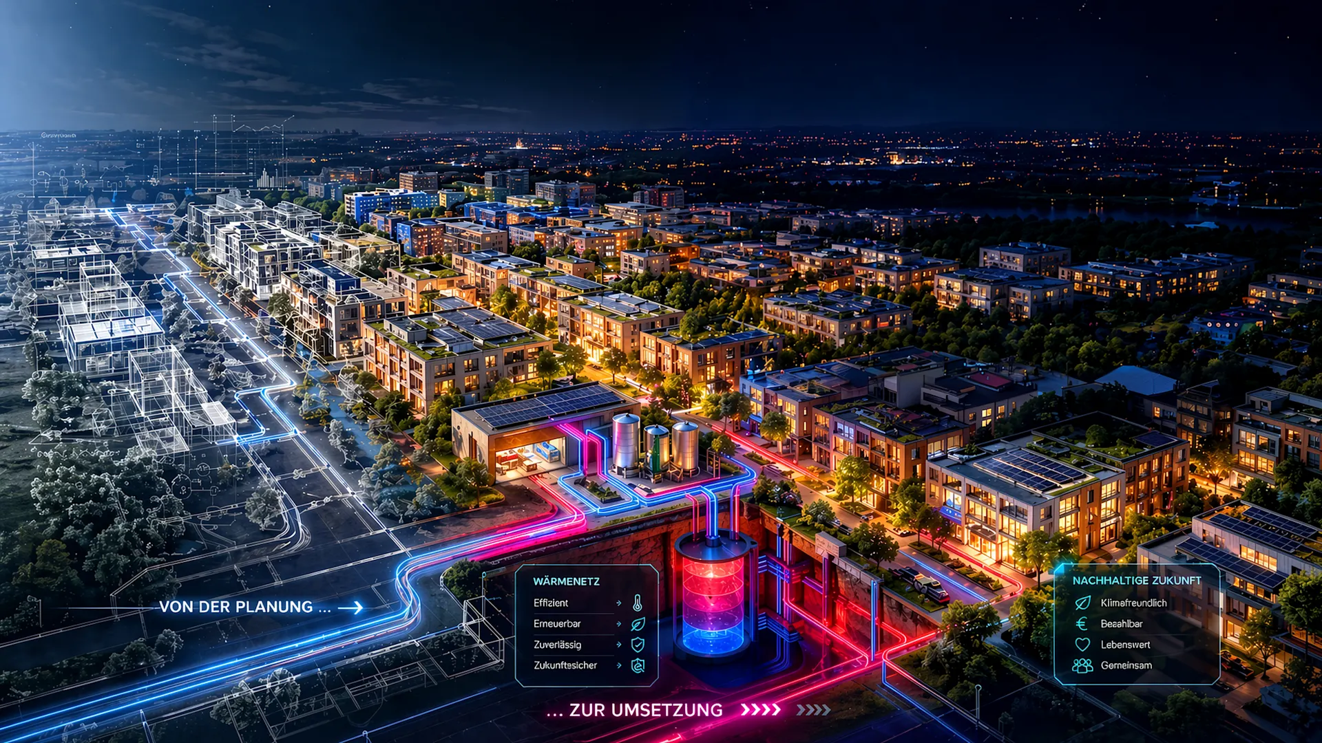 Wärmewende - Ki generiert Die Visualisierung zeigt ein urbanes Quartier bei Nacht, in dem digitale Leitungen und farblich hervorgehobene Energieflüsse den Weg von der Planung zur Umsetzung der Wärmewende verdeutlichen. Gebäude, Straßenzüge und Infrastrukturen sind vernetzt dargestellt und machen sichtbar, wie moderne Energielösungen, intelligente Netze und nachhaltige Wärmeversorgung im Stadtraum zusammenspielen.