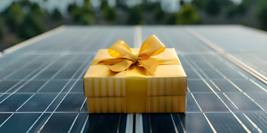Ein gelb-weiß gestreiftes Geschenk mit goldener Schleife liegt auf blauen Solarpanels. Ein gelb-weiß gestreiftes Geschenk mit goldener Schleife liegt auf blauen Solarpanels.