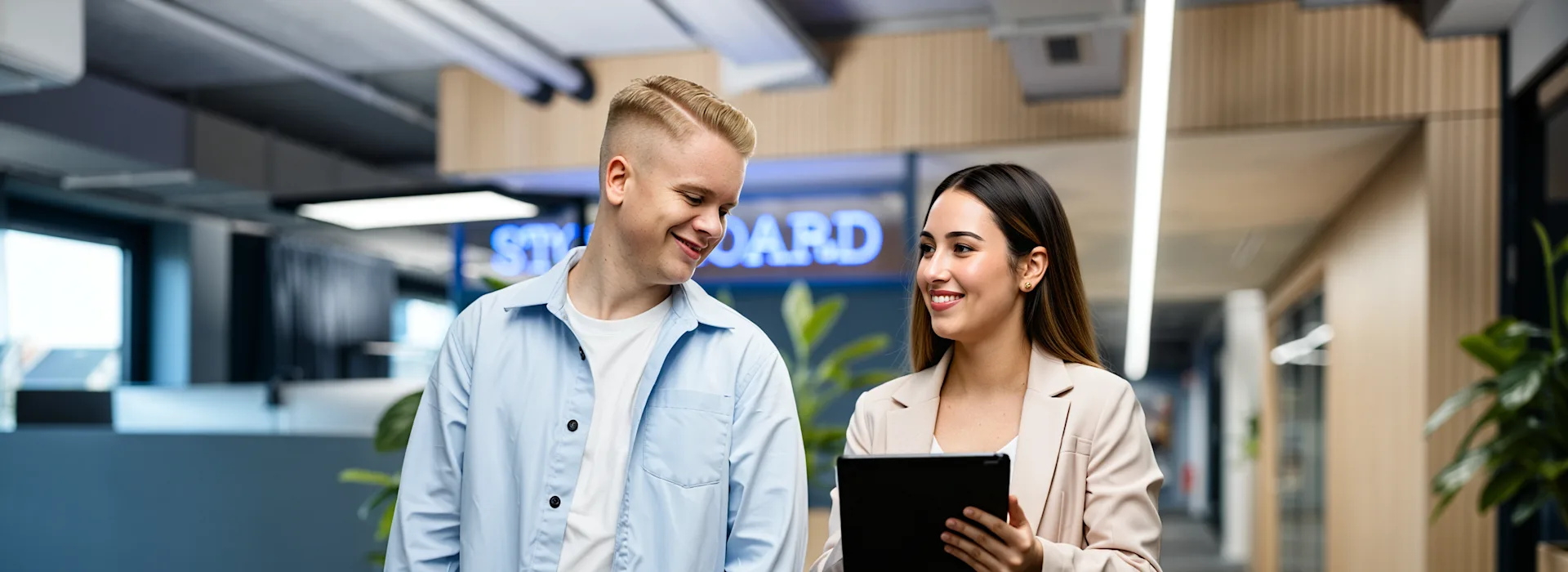 Studierende Eine junge Frau in beigem Blazer zeigt einem lächelnden jungen Mann in hellblauem Hemd etwas auf ihrem Tablet in einem modernen Büro. Im Hintergrund sind helle Arbeitsräume mit Holzelementen, grünen Pflanzen und ein blau beleuchtetes Schild zu sehen.
