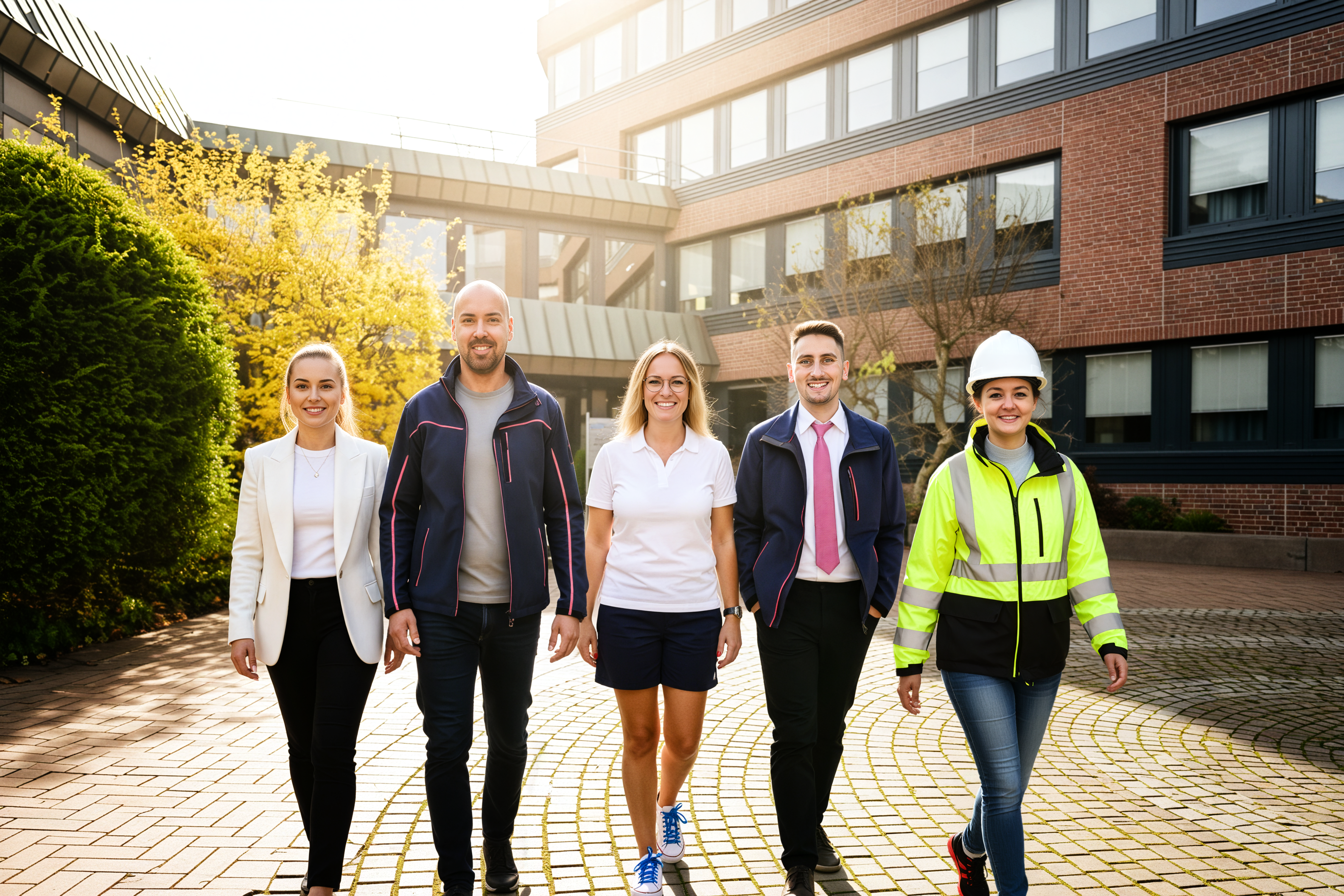 Fünf Berufstätige in Dienstleidung gehen lächelnd vom Haupteingang des NEW Hauptgebäudes weg. Die Sonne scheint