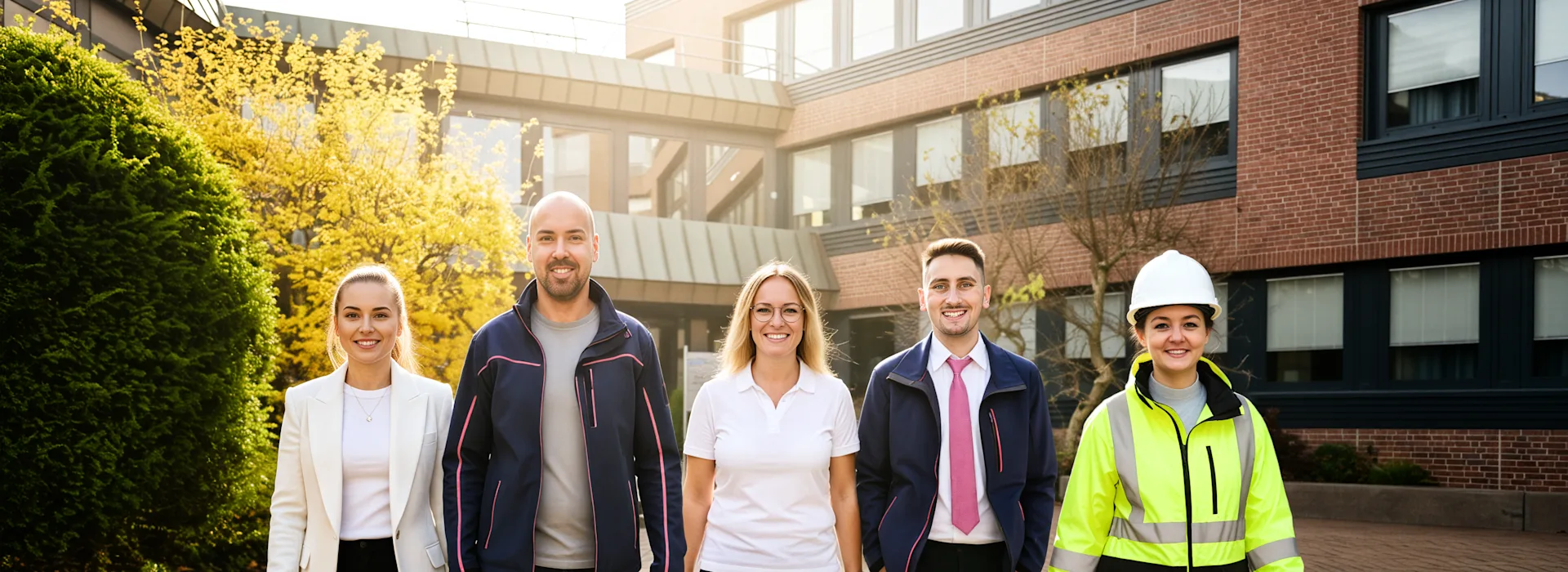 Fünf Kolleg:innen vor dem Haupteingang der NEW Fünf Berufstätige in Dienstleidung gehen lächelnd vom Haupteingang des NEW Hauptgebäudes weg. Die Sonne scheint