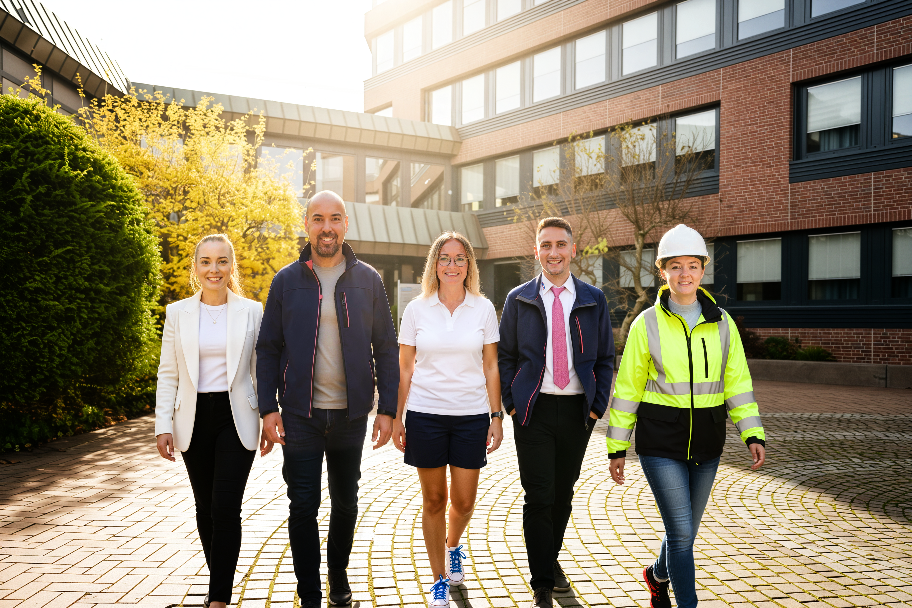 Fünf Berufstätige in Dienstleidung gehen lächelnd vom Haupteingang des NEW Hauptgebäudes weg. Die Sonne scheint