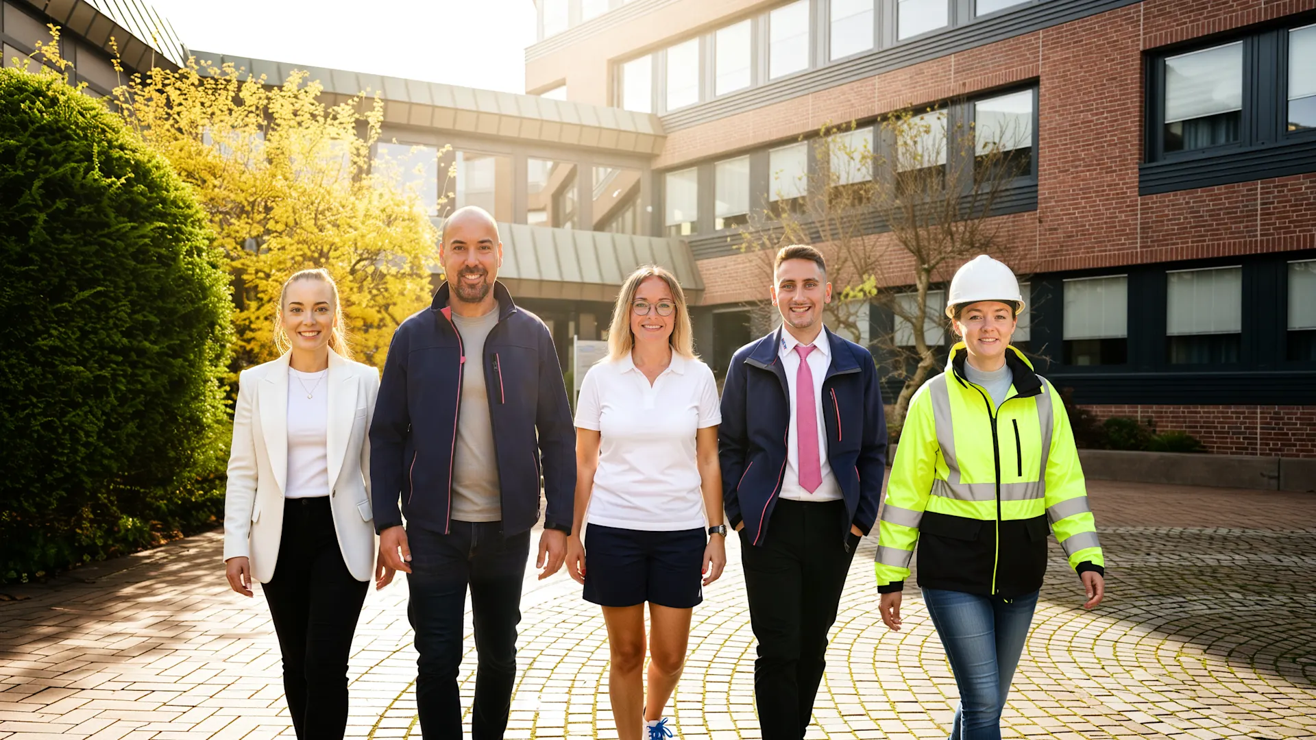 Fünf Kolleg:innen vor dem Haupteingang der NEW Fünf Berufstätige in Dienstleidung gehen lächelnd vom Haupteingang des NEW Hauptgebäudes weg. Die Sonne scheint