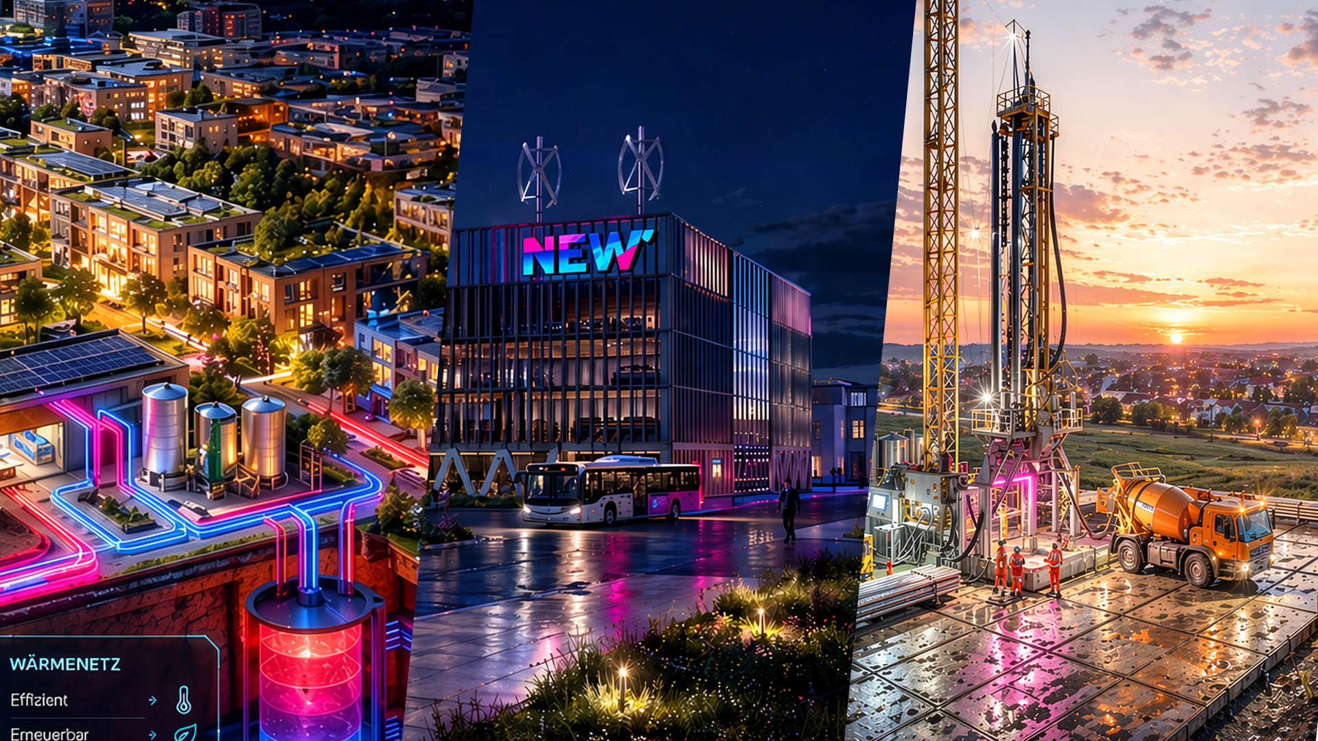 Das Bild zeigt eine visuelle Collage der Energiewelt von NEW: eine modern beleuchtete Stadtlandschaft, das NEW‑Gebäude am Wasser mit markantem Logo sowie eine nächtliche Baustellenszene mit Bohr- und Energietechnik. Die Kombination aus urbaner Infrastruktur, innovativer Architektur und technischer Entwicklung steht für Fortschritt, Nachhaltigkeit und die Zukunft der Energieversorgung in der Region.