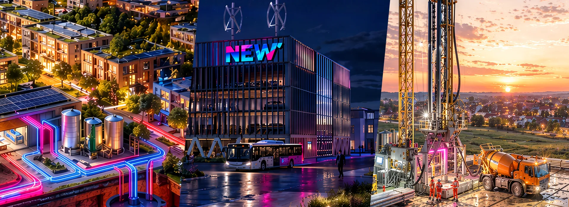 Header Polis Convention Das Bild zeigt eine visuelle Collage der Energiewelt von NEW: eine modern beleuchtete Stadtlandschaft, das NEW‑Gebäude am Wasser mit markantem Logo sowie eine nächtliche Baustellenszene mit Bohr- und Energietechnik. Die Kombination aus urbaner Infrastruktur, innovativer Architektur und technischer Entwicklung steht für Fortschritt, Nachhaltigkeit und die Zukunft der Energieversorgung in der Region.