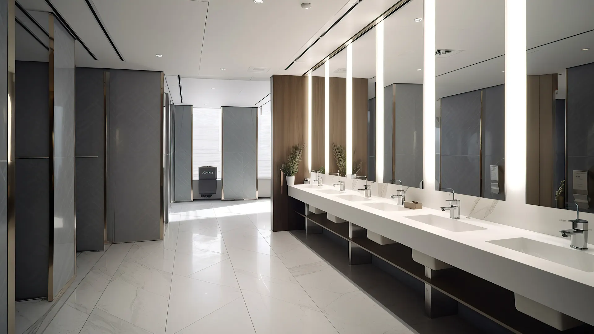 Wasserprüfung auf Legionellen Ein großes Badezimmer mit vielen Waschbecken.