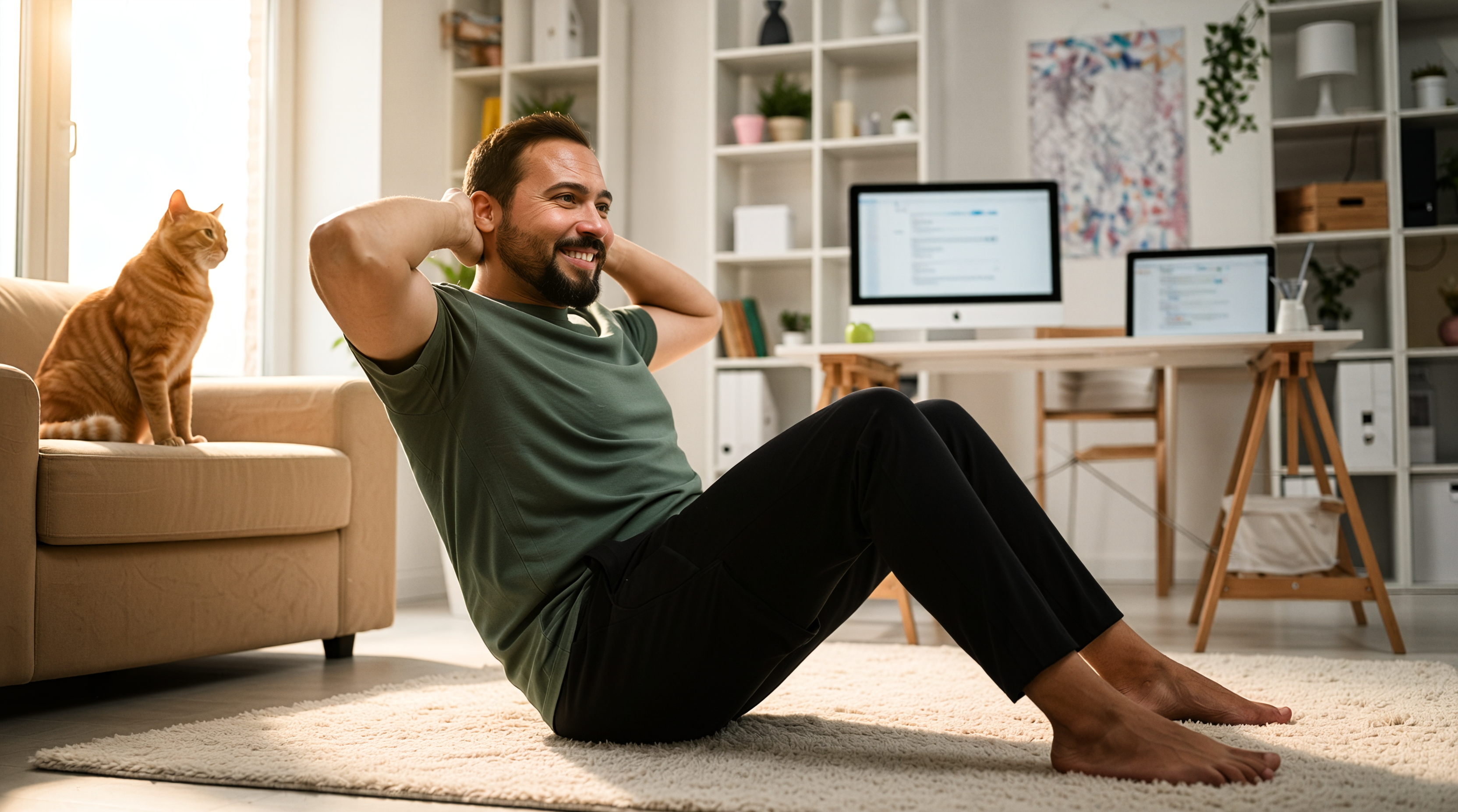 Ein Mann in grünem T-Shirt und schwarzer Sporthose macht Sit-ups auf einem hellen Teppich im Wohnzimmer und lächelt dabei. Eine Katze sitzt auf der Sofalehne und beobachtet ihn. Im Hintergrund ist ein heller Home-Office-Arbeitsplatz mit Schreibtisch, zwei Computerbildschirmen und weißen Regalen zu sehen.