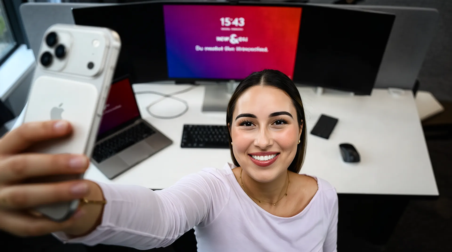 Eine lächelnde junge Frau in weißem Langarmshirt macht ein Selfie mit ihrem Smartphone an ihrem modernen Arbeitsplatz. Auf dem Schreibtisch hinter ihr befinden sich ein großer Monitor mit buntem Farbverlauf-Bildschirmschoner, ein Laptop, eine Tastatur und weitere technische Geräte. Die Aufnahme zeigt eine Büro-Situation aus der Vogelperspektive.