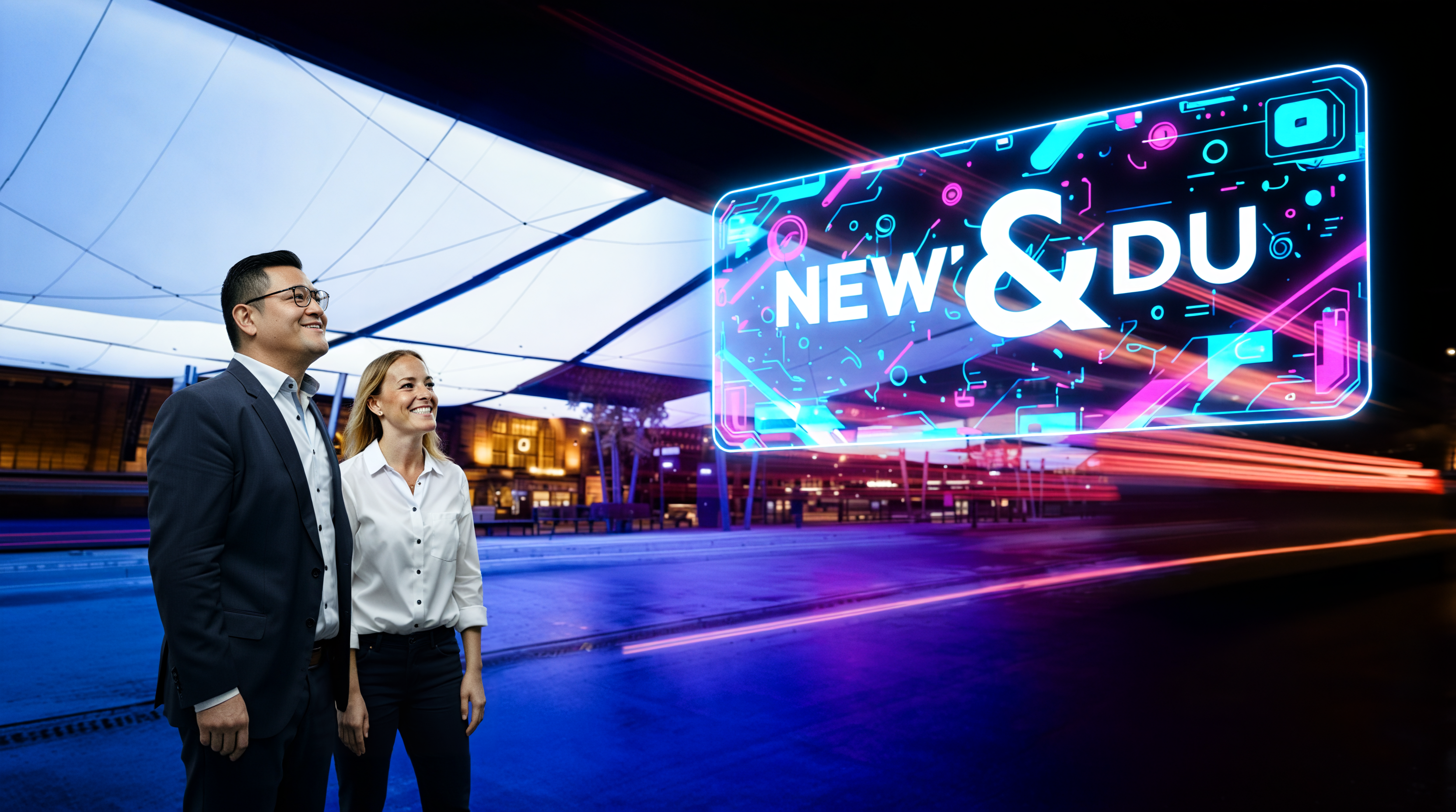 Ein Mann im dunklen Anzug und eine Frau in weißer Bluse stehen lächelnd an einer futuristischen Bushaltestelle. Hinter ihnen leuchtet ein großes digitales Display mit dem Schriftzug „NEW & DU“ in cyan-pinken Neonfarben und digitalen Grafiken. Die Szene wird von blauen und violetten Lichtspuren durchzogen.
