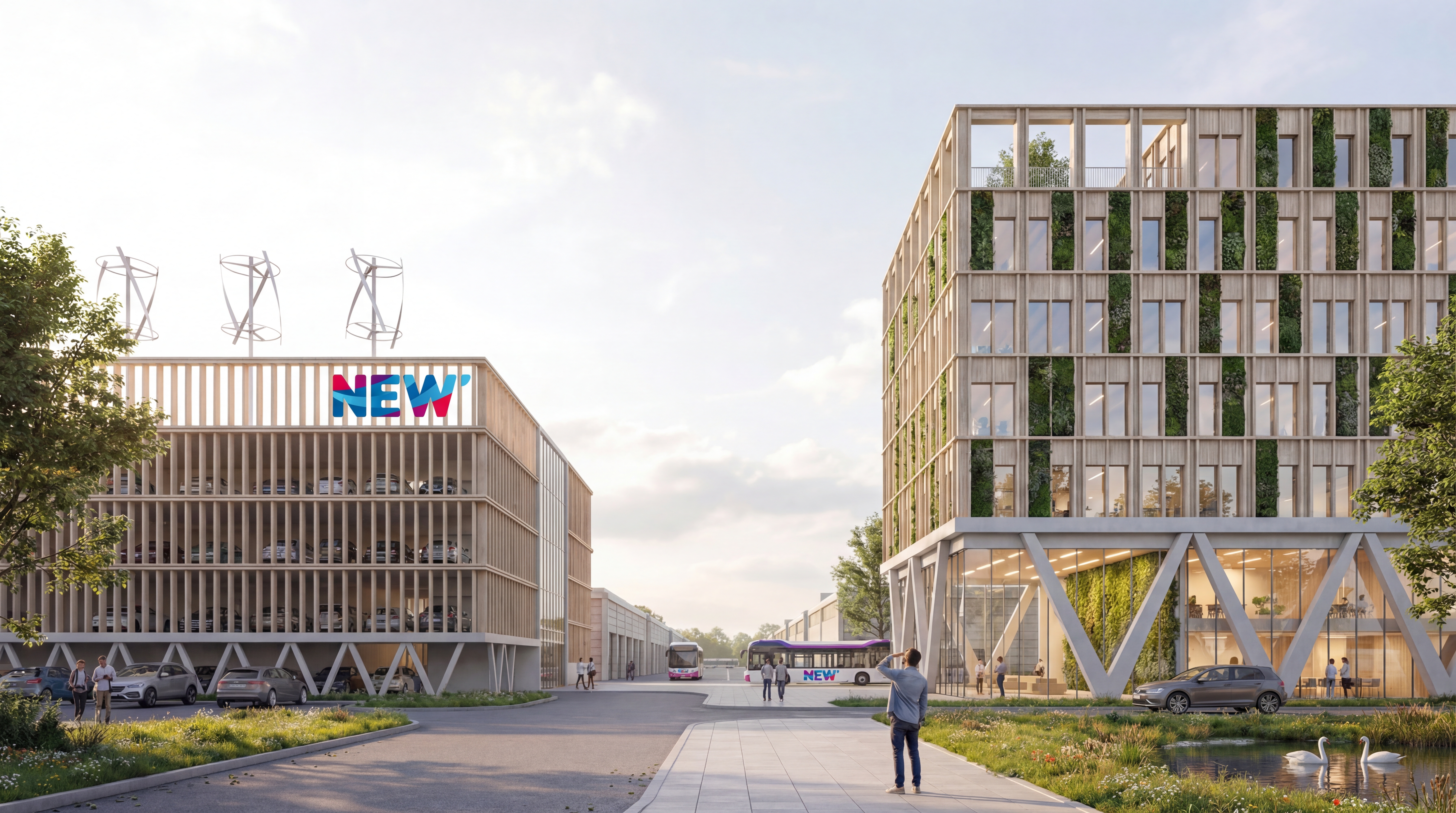 Das Bild zeigt eine Visualisierung des Vorplatzes und der Eingangssituation des „NEW e‑motion hub“. Eine breite Zufahrtsstraße führt zwischen zwei modernen, mehrgeschossigen Gebäuden hindurch. Die Gebäude haben helle Fassaden mit vertikalen Lamellen und großen Fensterflächen.
Auf dem linken Gebäude ist das farbige Logo „NEW“ angebracht. Auf dem Dach befinden sich mehrere kleine Windräder. Das rechte Gebäude besitzt im Erdgeschoss eine offene, verglaste Eingangssituation mit markanten, schräg verlaufenden Stützkonstruktionen. In den oberen Etagen sind begrünte Fassadenelemente integriert.
Im Vordergrund liegen Grünflächen und ein flacher Wasserbereich, in dem zwei Schwäne schwimmen. Vereinzelt sind Fahrzeuge geparkt, mehrere Personen bewegen sich zu Fuß über den Vorplatz. Im Hintergrund ist ein Bus auf der Zufahrtsstraße zu sehen. Die Darstellung vermittelt einen offenen, modernen und nachhaltigen Eindruck.