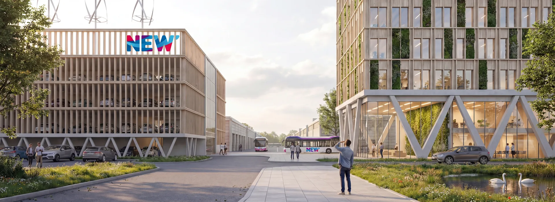 NEW_e-motion_hub - Visualisierung ©agn Das Bild zeigt eine Visualisierung des Vorplatzes und der Eingangssituation des „NEW e‑motion hub“. Eine breite Zufahrtsstraße führt zwischen zwei modernen, mehrgeschossigen Gebäuden hindurch. Die Gebäude haben helle Fassaden mit vertikalen Lamellen und großen Fensterflächen.
Auf dem linken Gebäude ist das farbige Logo „NEW“ angebracht. Auf dem Dach befinden sich mehrere kleine Windräder. Das rechte Gebäude besitzt im Erdgeschoss eine offene, verglaste Eingangssituation mit markanten, schräg verlaufenden Stützkonstruktionen. In den oberen Etagen sind begrünte Fassadenelemente integriert.
Im Vordergrund liegen Grünflächen und ein flacher Wasserbereich, in dem zwei Schwäne schwimmen. Vereinzelt sind Fahrzeuge geparkt, mehrere Personen bewegen sich zu Fuß über den Vorplatz. Im Hintergrund ist ein Bus auf der Zufahrtsstraße zu sehen. Die Darstellung vermittelt einen offenen, modernen und nachhaltigen Eindruck.