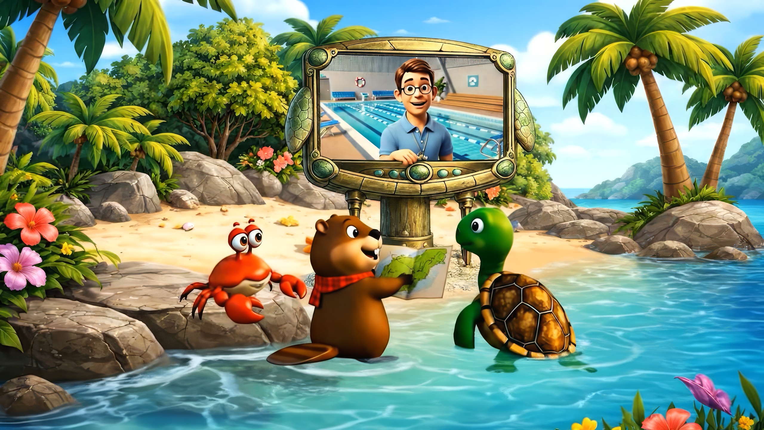 Farbenfrohe Illustration: Ein Bär, eine Schildkröte und eine Krabbe stehen im flachen Wasser an einem tropischen Strand mit Palmen und Felsen. Vor ihnen zeigt ein Bildschirm eine Person im Schwimmbad, die Übungen erklärt. Das Bild symbolisiert spielerisches, visuell unterstütztes Schwimmenlernen für Kinder. (KI-generiertes Bild)