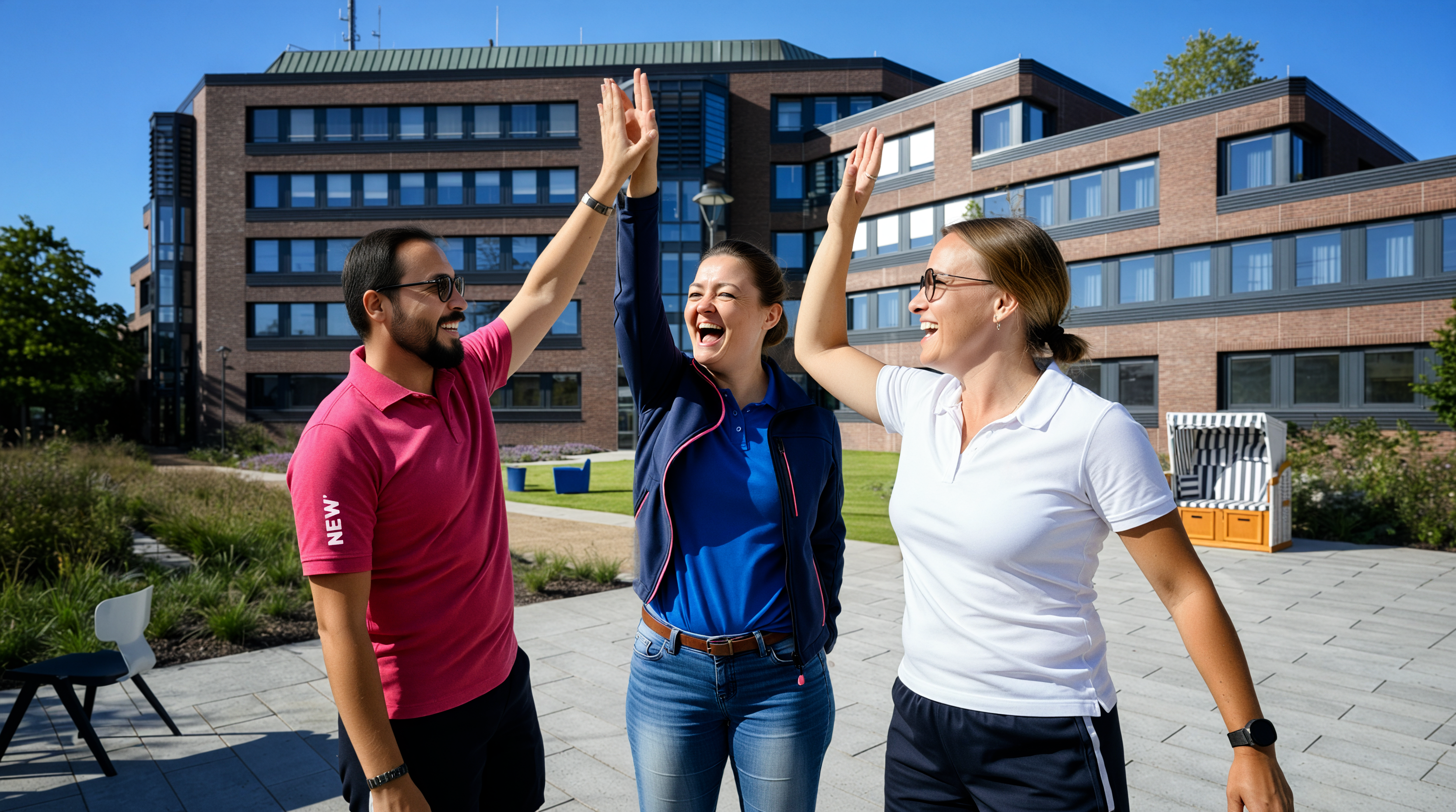 Drei junge Menschen in farbiger Dienstkleidung feiern gemeinsam mit High-Five-Gesten auf einem modernen Firmengelände an einem sonnigen Tag. Die Frau in der Mitte trägt ein blaues Shirt und jubelt mit erhobenen Armen, während ihre Kollegen in rosa und weißen Poloshirts mit ihr abklatschen. Im Hintergrund sind moderne Bürogebäude mit roter Klinkerfassade, eine grüne Rasenfläche und ein Strandkorb zu sehen.