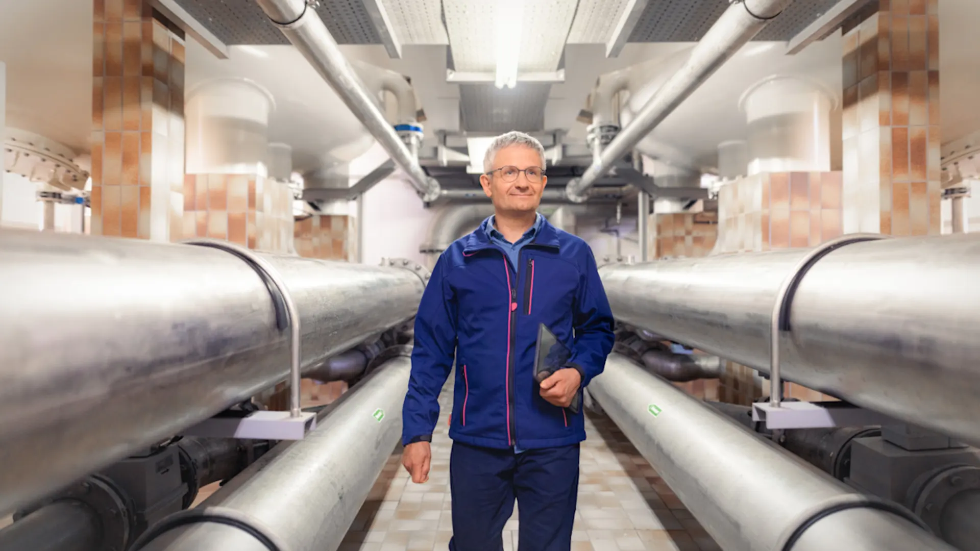 NEW-AG-Wasserwerk-Helenabrunn-H8A2743 Ein Mitarbeiter läuft durch einen Gang zwischen Trinkwasserversorgungsleitungen