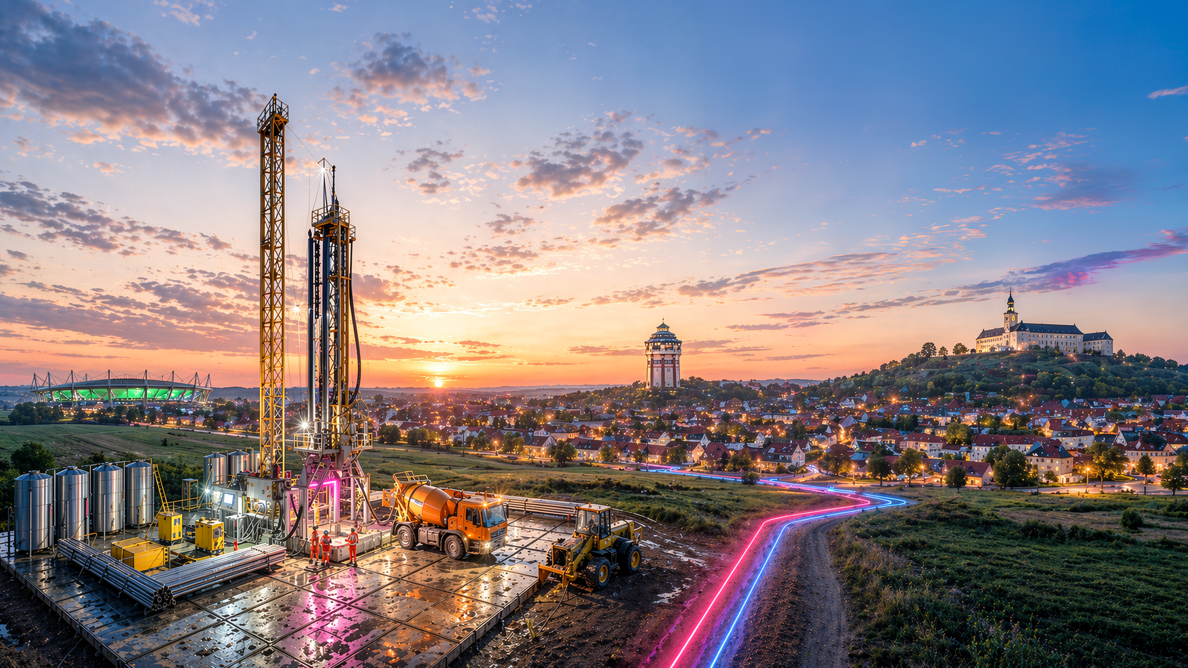 Eine stimmungsvolle Darstellung einer Geothermie‑Forschungsbohrung im Umfeld einer Stadtlandschaft bei Sonnenuntergang. Im Vordergrund ist eine technische Bohranlage mit beleuchteten Türmen, Containern und Anlagen zur Energiegewinnung zu sehen. Lichtspuren einer Straße führen durch die Szene, im Hintergrund erstrecken sich Wohngebiete und markante Gebäude auf Hügeln. Das Bild symbolisiert Forschung, Innovation und nachhaltige Energieversorgung im Kontext der Energiewende.
Hinweis: Dieses Bild wurde KI‑generiert.