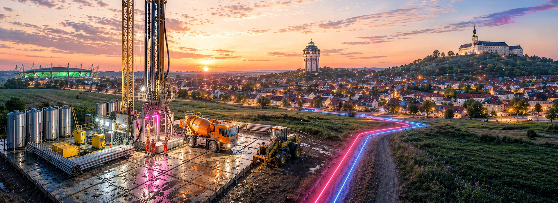 Geothermie Forschungsbohrung (KI generiert) Eine stimmungsvolle Darstellung einer Geothermie‑Forschungsbohrung im Umfeld einer Stadtlandschaft bei Sonnenuntergang. Im Vordergrund ist eine technische Bohranlage mit beleuchteten Türmen, Containern und Anlagen zur Energiegewinnung zu sehen. Lichtspuren einer Straße führen durch die Szene, im Hintergrund erstrecken sich Wohngebiete und markante Gebäude auf Hügeln. Das Bild symbolisiert Forschung, Innovation und nachhaltige Energieversorgung im Kontext der Energiewende.
Hinweis: Dieses Bild wurde KI‑generiert.