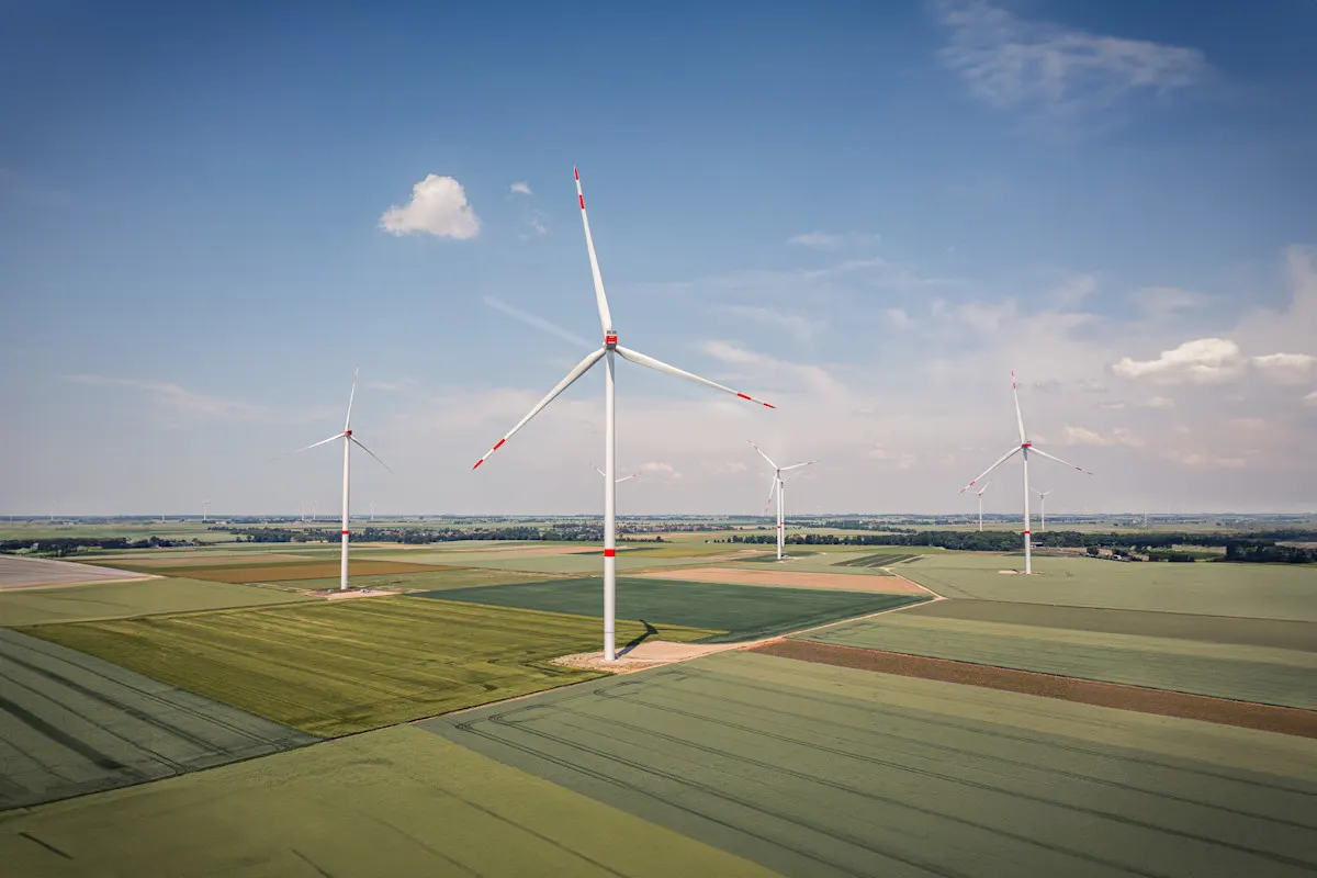 Ein Feld mit Windrädern.