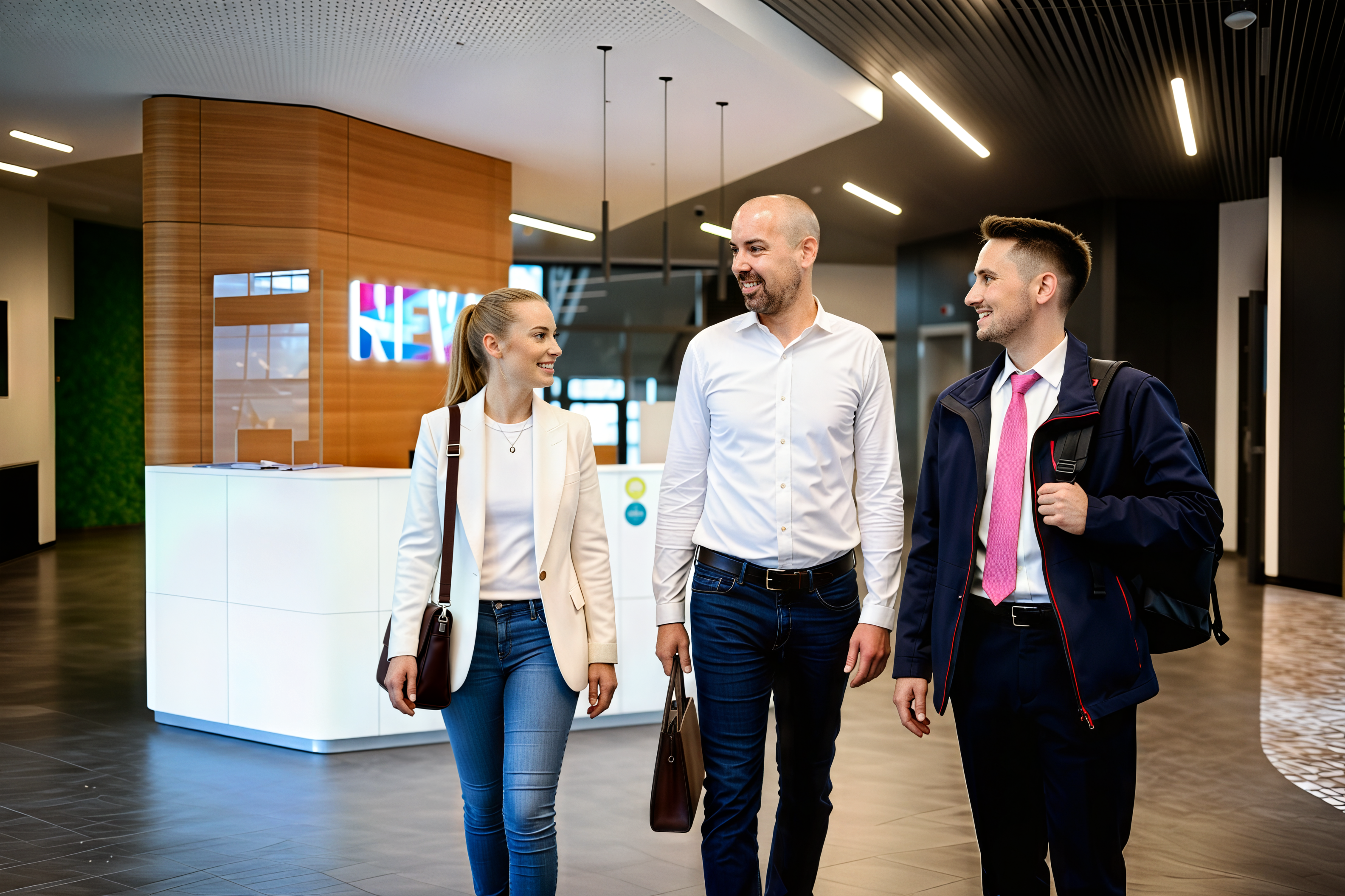 Drei Berufstätige in Business-Kleidung gehen lächelnd durch eine moderne Bürolobby mit hellem Holzdesign und dem bunten NEW-Logo im Hintergrund. Die Frau trägt einen beigen Blazer und Jeans, der Mann in der Mitte ein weißes Hemd, und der rechte Mann eine dunkelblaue Arbeitsjacke mit pinken Akzenten. Die Lobby verfügt über einen weißen Empfangstresen, grüne Wandelemente und moderne Deckenbeleuchtung.