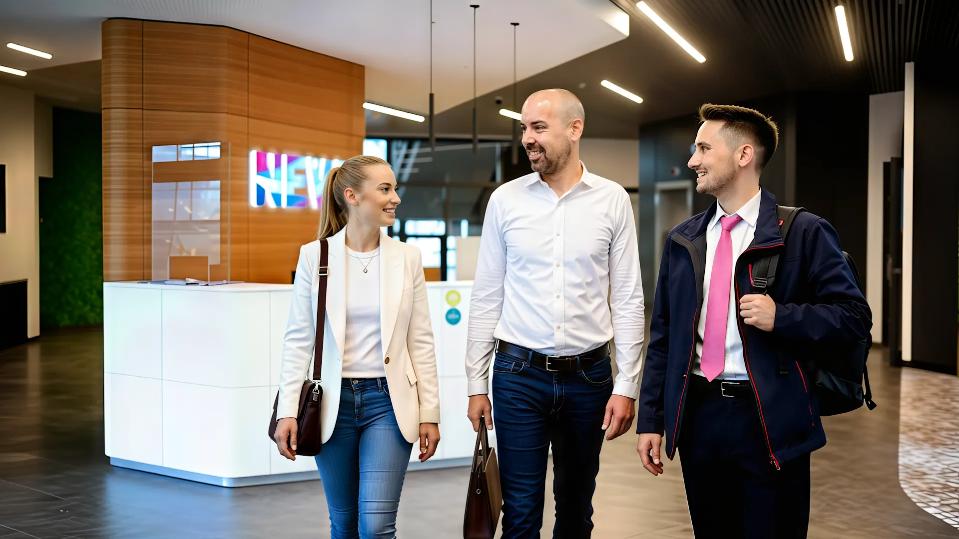 Drei Kolleg.innen am Empfang der NEW Verwaltung Drei Berufstätige in Business-Kleidung gehen lächelnd durch eine moderne Bürolobby mit hellem Holzdesign und dem bunten NEW-Logo im Hintergrund. Die Frau trägt einen beigen Blazer und Jeans, der Mann in der Mitte ein weißes Hemd, und der rechte Mann eine dunkelblaue Arbeitsjacke mit pinken Akzenten. Die Lobby verfügt über einen weißen Empfangstresen, grüne Wandelemente und moderne Deckenbeleuchtung.