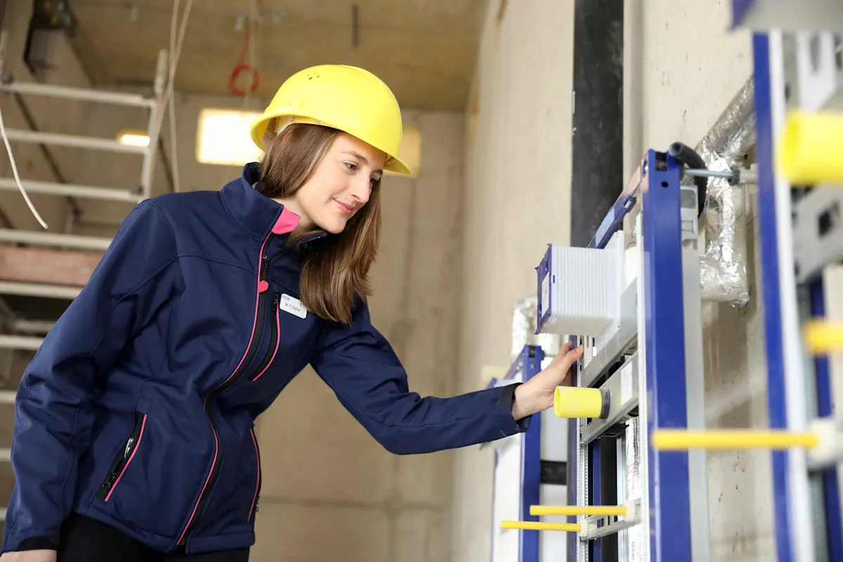 Das Bild zeigt die junge Bauingenieurin Maria Teodora Stefan bei ihrer Arbeit. 
