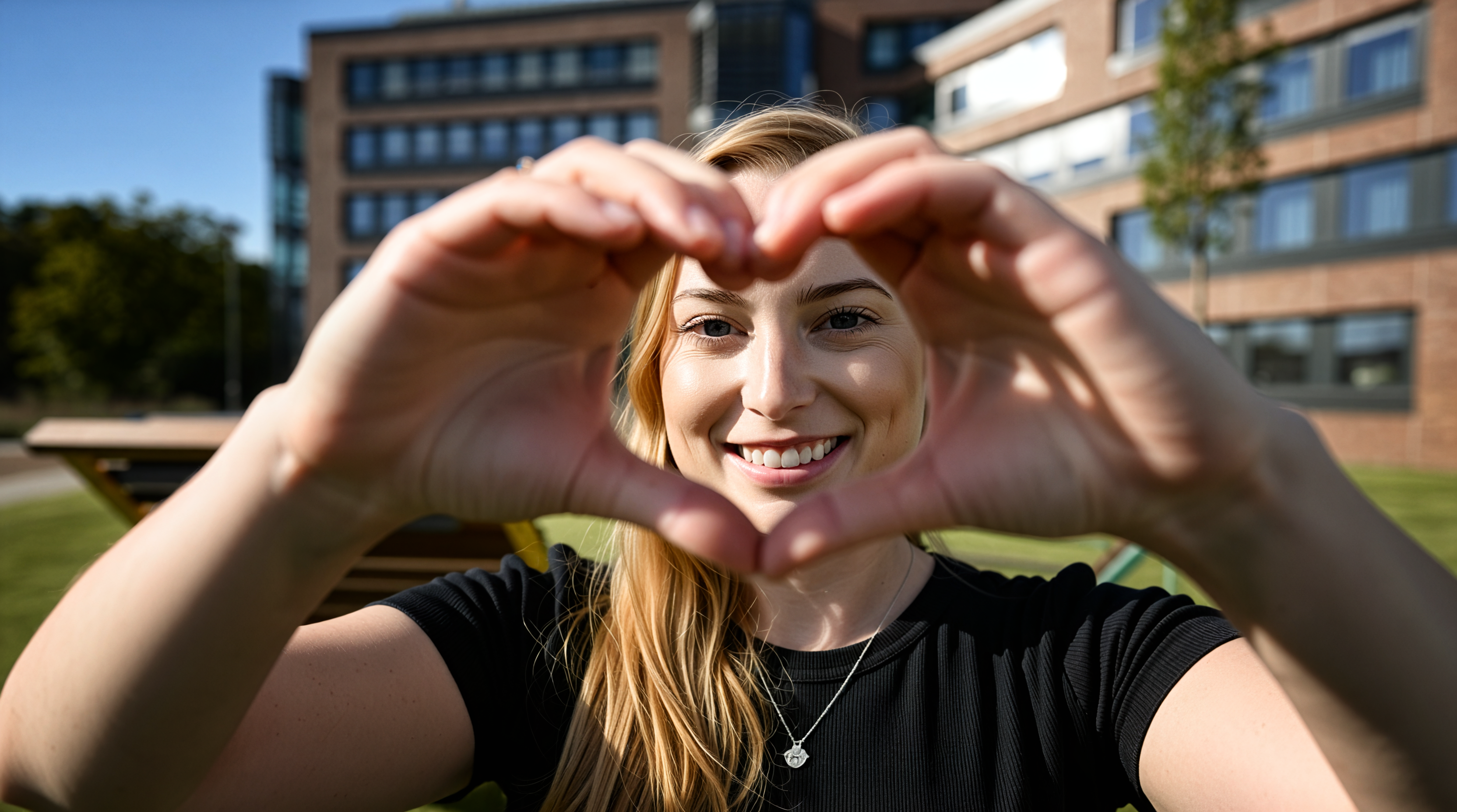 Eine junge Frau mit blonden Haaren und schwarzem Shirt formt lächelnd mit ihren Händen ein Herz vor der Kamera. Im Hintergrund sind moderne Bürogebäude mit roter Klinkerfassade, grüne Bäume und eine sonnige Rasenfläche zu sehen.