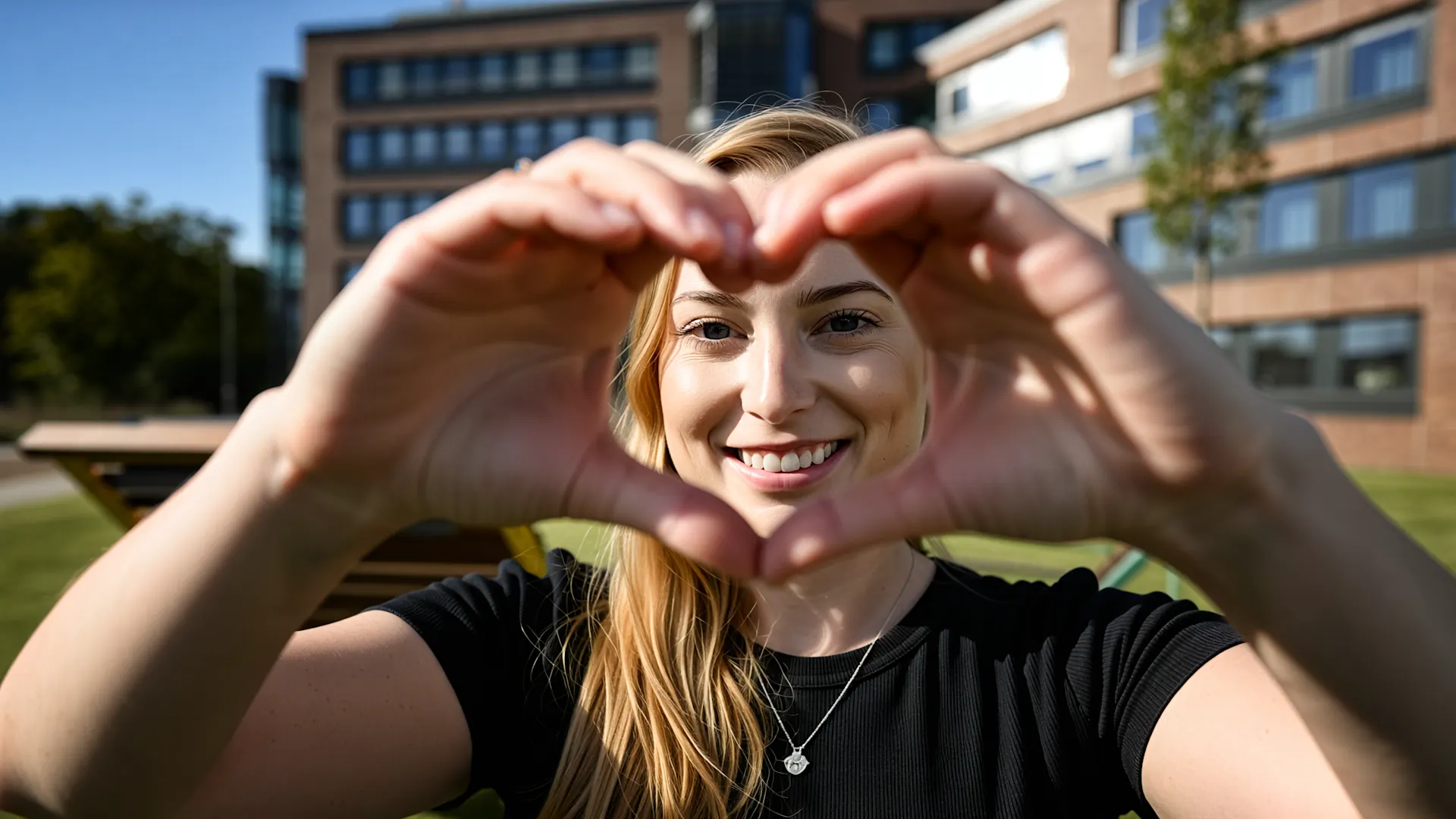 Rebecca im Garten der NEW Verwaltung Eine junge Frau mit blonden Haaren und schwarzem Shirt formt lächelnd mit ihren Händen ein Herz vor der Kamera. Im Hintergrund sind moderne Bürogebäude mit roter Klinkerfassade, grüne Bäume und eine sonnige Rasenfläche zu sehen.
